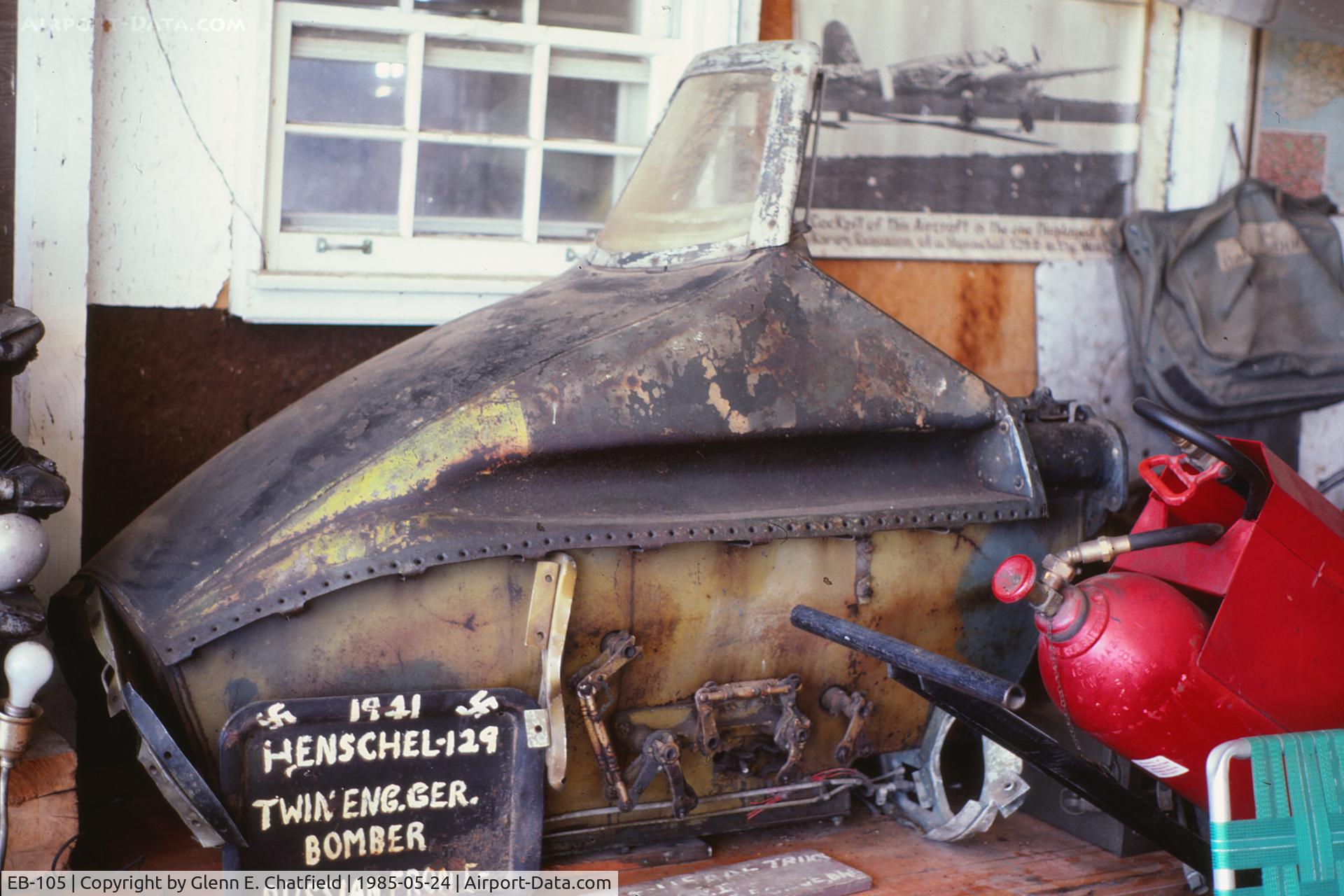 EB-105, Henschel Hs. 129 C/N 0385, Cockpit is all that's left.  On display at the now defunct Victory Air Museum in Mudelein, IL.  Cockpit now in Australia restored.