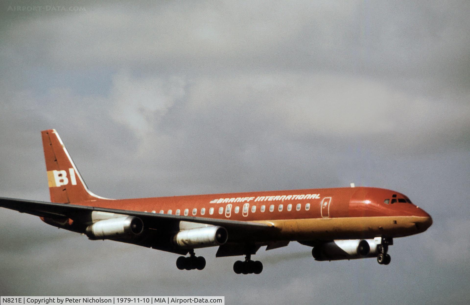 N821E, 1966 Douglas DC-8-51 C/N 45877, DC-8-51 of Braniff International on final approach to Miami in November 1979.