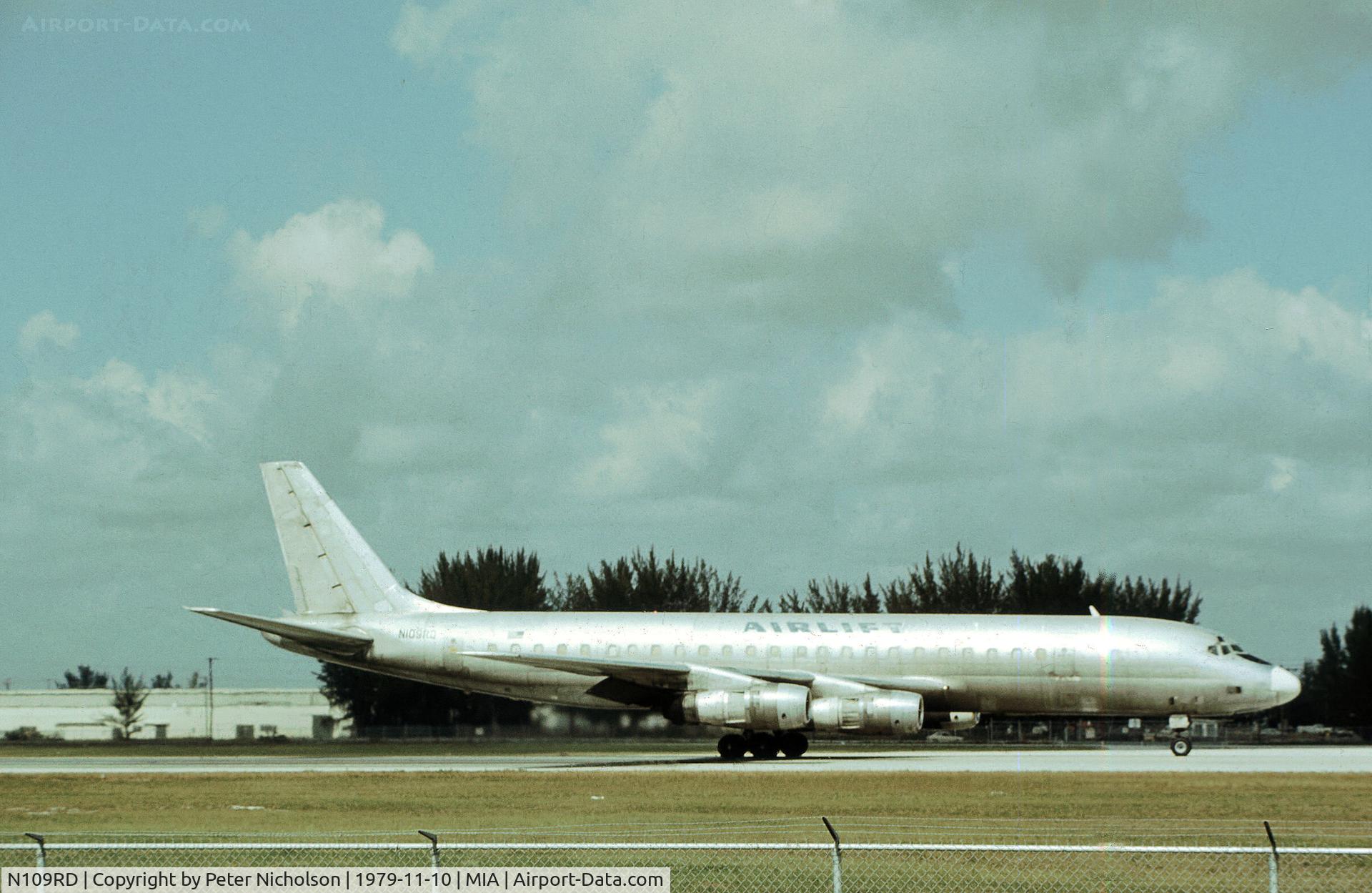 N109RD, 1964 Douglas DC-8F-54 C/N 45674, DC-8F-54 of Airlift preparing for take-off at Miami in November 1979.