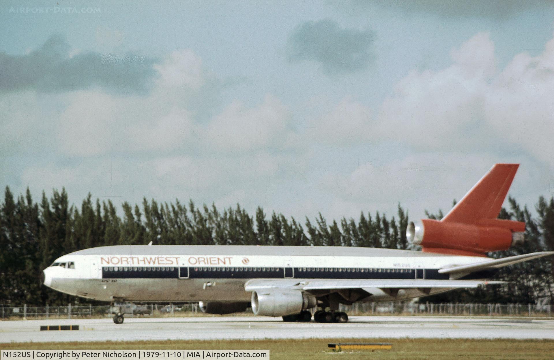 N152US, 1973 Douglas DC-10-40 C/N 46761, DC-10-40 of Northwest Airlines preparing for take-off at Miami in November 1979.
