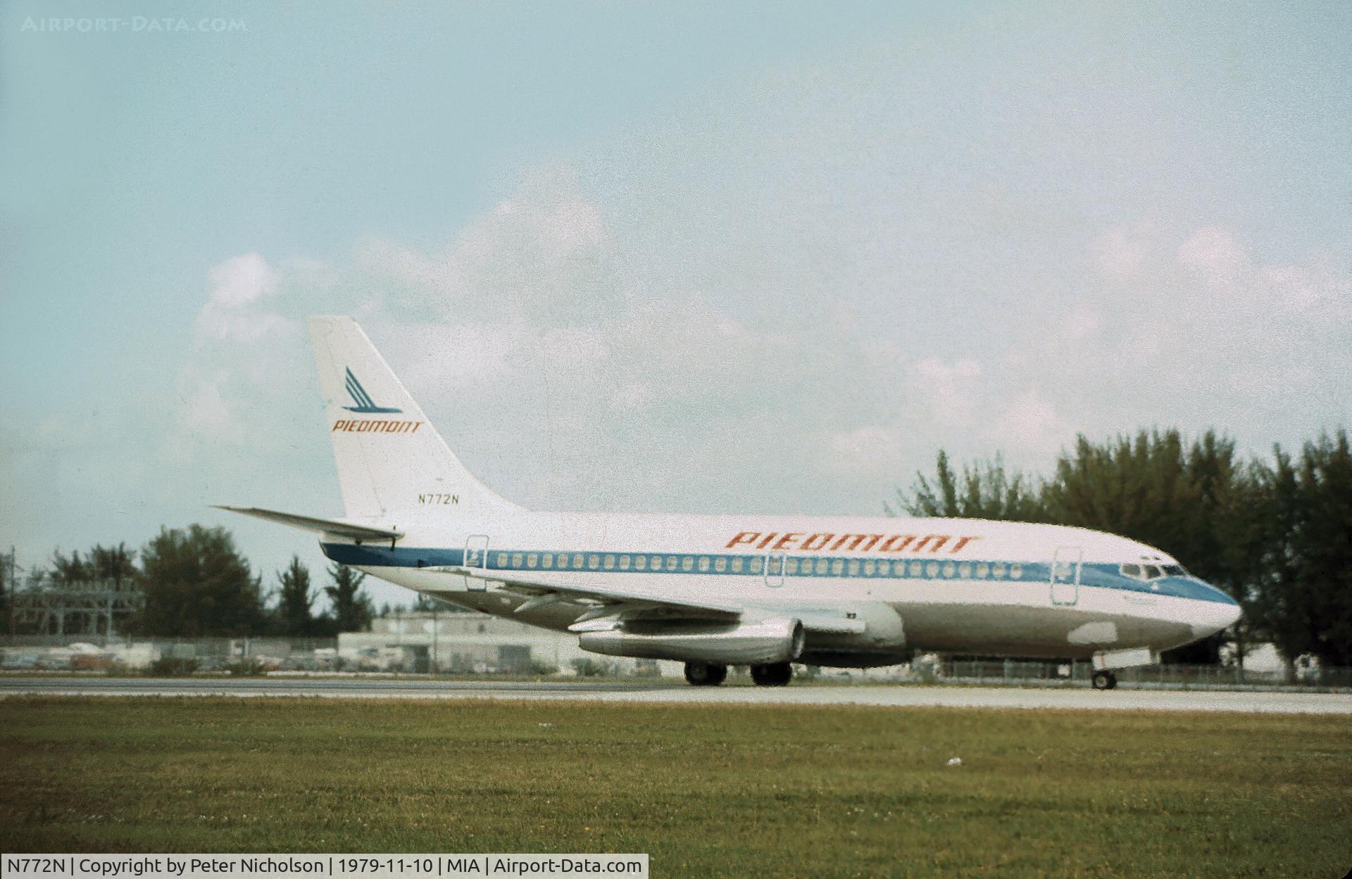 N772N, 1979 Boeing 737-201 C/N 21817, Boeing 737-201 of Piedmont Air Lines preparing for take-off at Miami in November 1979.