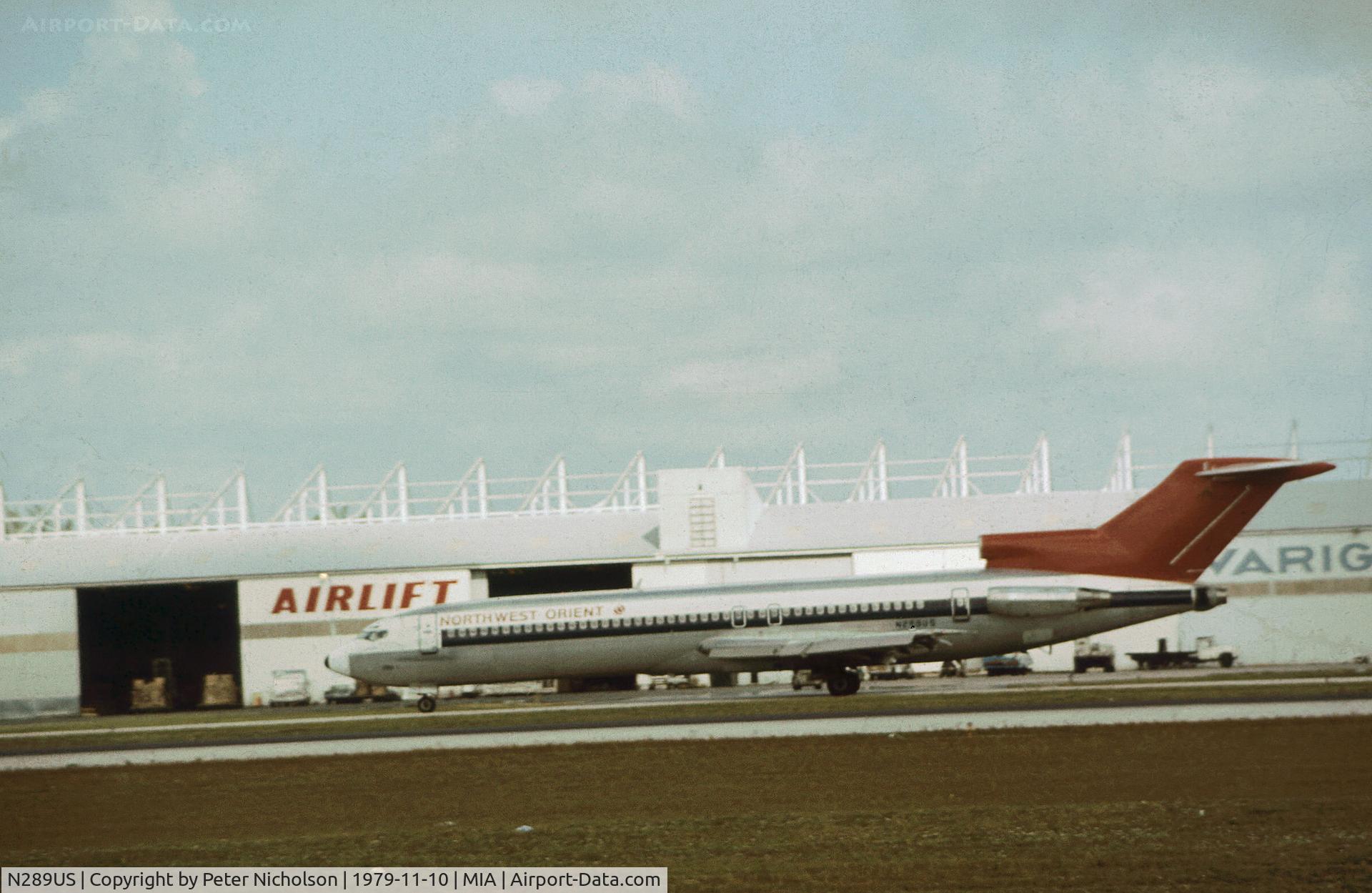 N289US, 1977 Boeing 727-251 C/N 21377, Northwest Airlines Boeing 727-251 as seen at Miami in November 1979.
