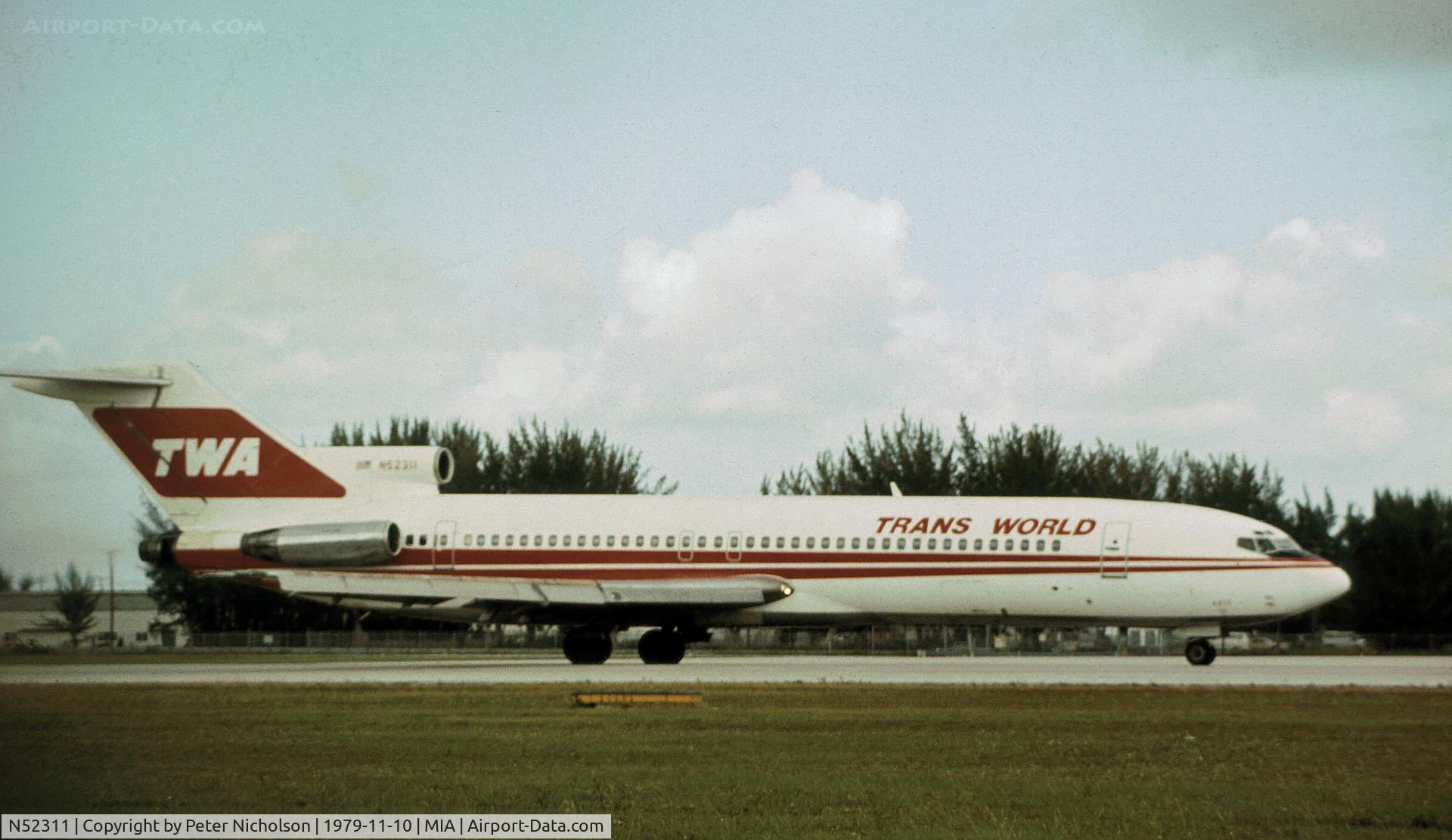N52311, 1968 Boeing 727-231 C/N 19830, Trans-World Airlines Boeing 727-231 preparing for take-off at Miami in November 1979.