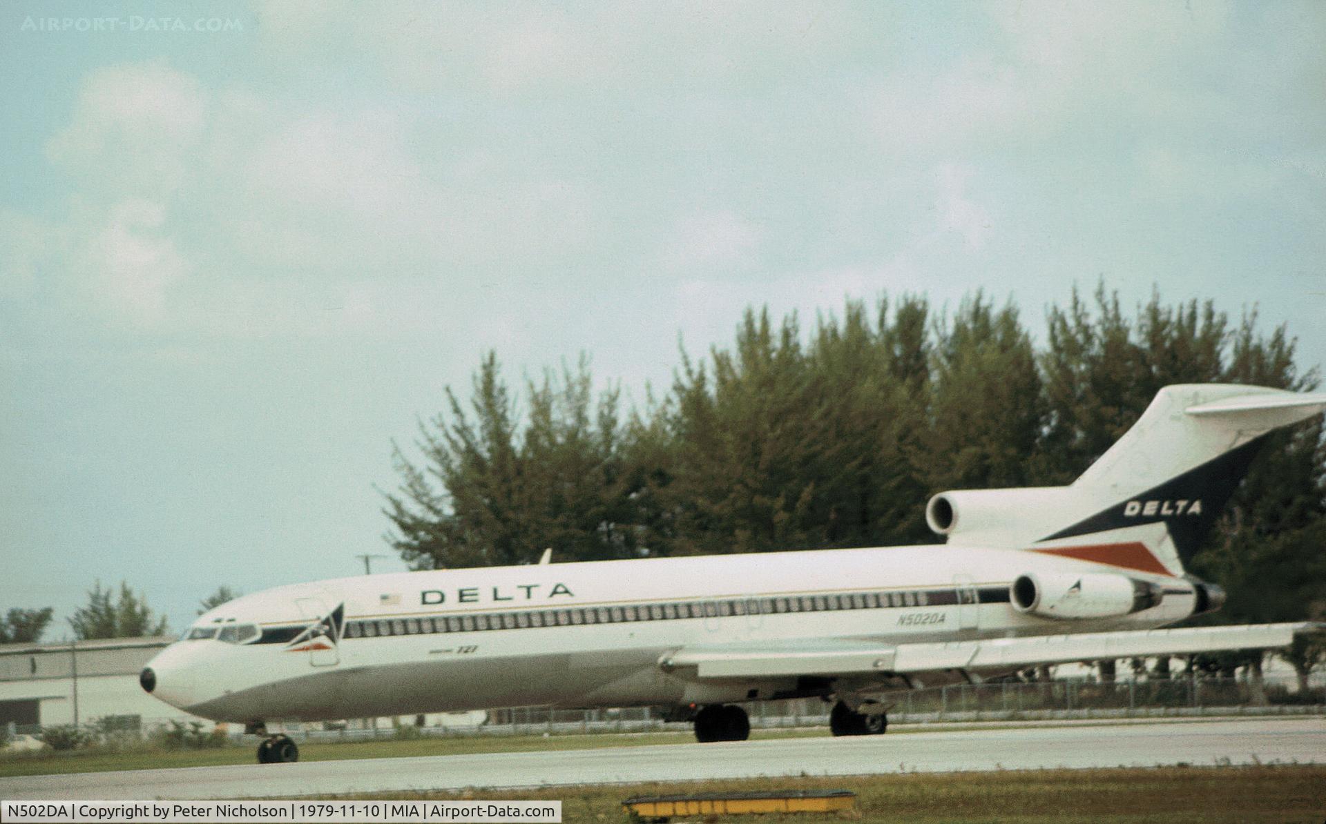 N502DA, 1977 Boeing 727-232 C/N 21304, Delta Air Lines Boeing 727-232 joining the active runway at Miami in November 1979.