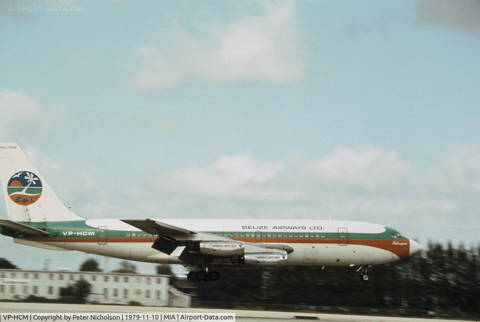 VP-HCM, 1960 Boeing 720-022 C/N 18046, Boeing 720-022 of Belize Airways landing at Miami in November 1979.