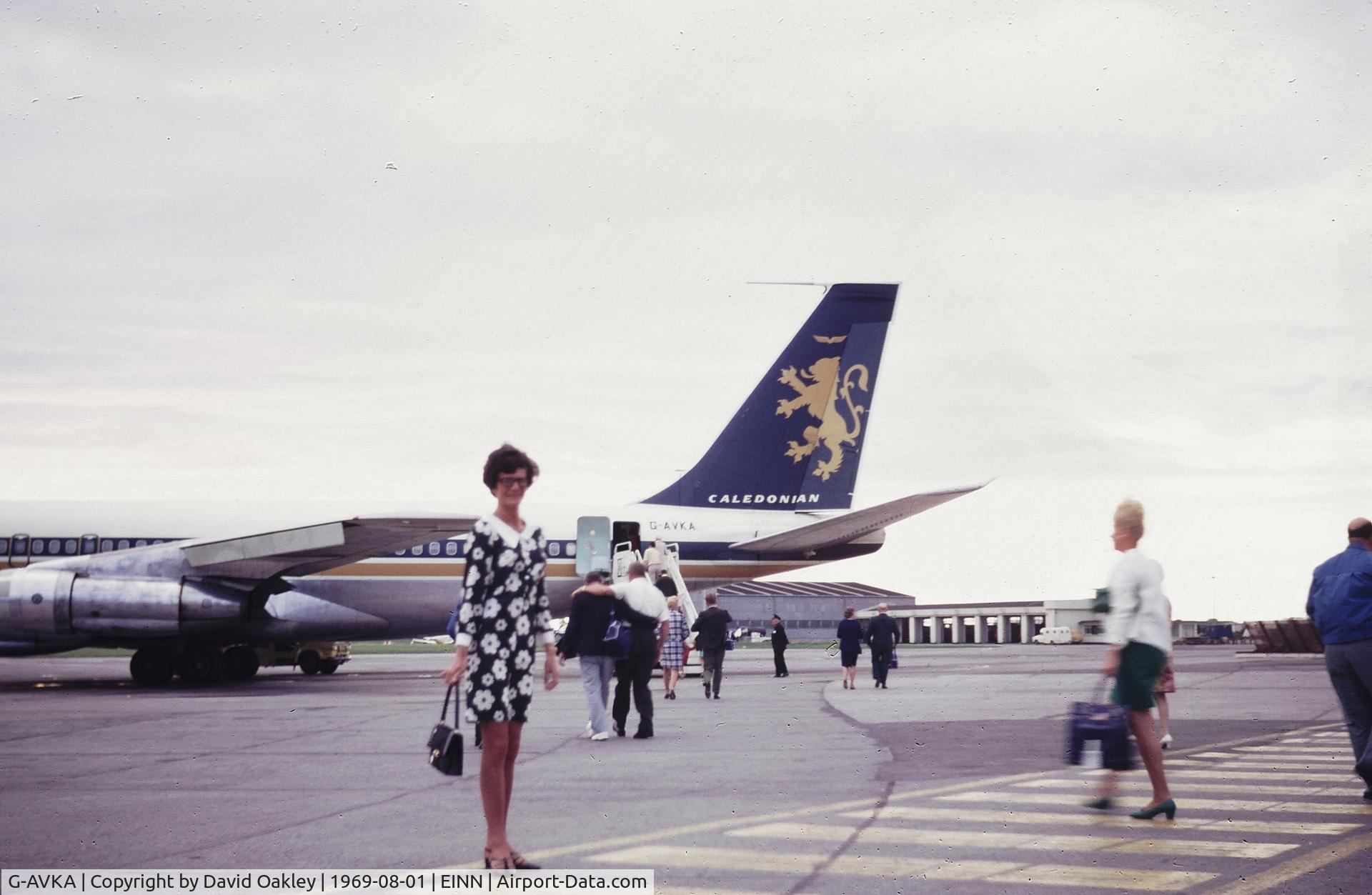 G-AVKA, 1967 Boeing 707-399C C/N 19415, Caledonian charter flight from LAX to London, refueling at Shannon, Ireland. (August 1969)