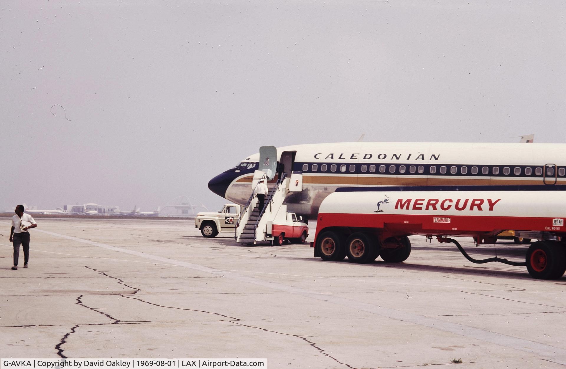 G-AVKA, 1967 Boeing 707-399C C/N 19415, Caledonian charter flight awaiting departure at LAX Imperial Terminal. (Approx. August 1969)