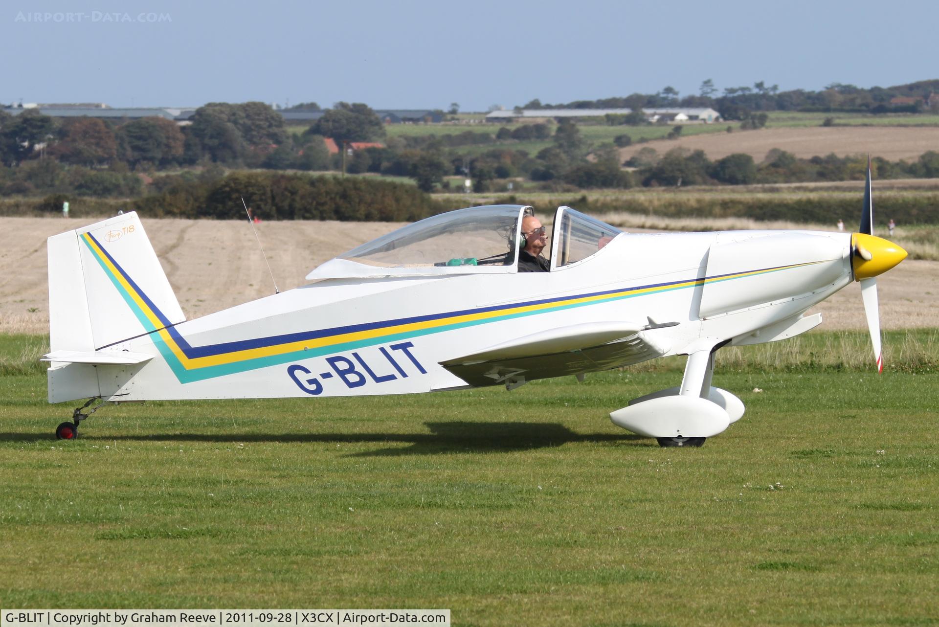 G-BLIT, 1986 Thorp T-18C Tiger C/N PFA 076-10550, Just landed at Northrepps.