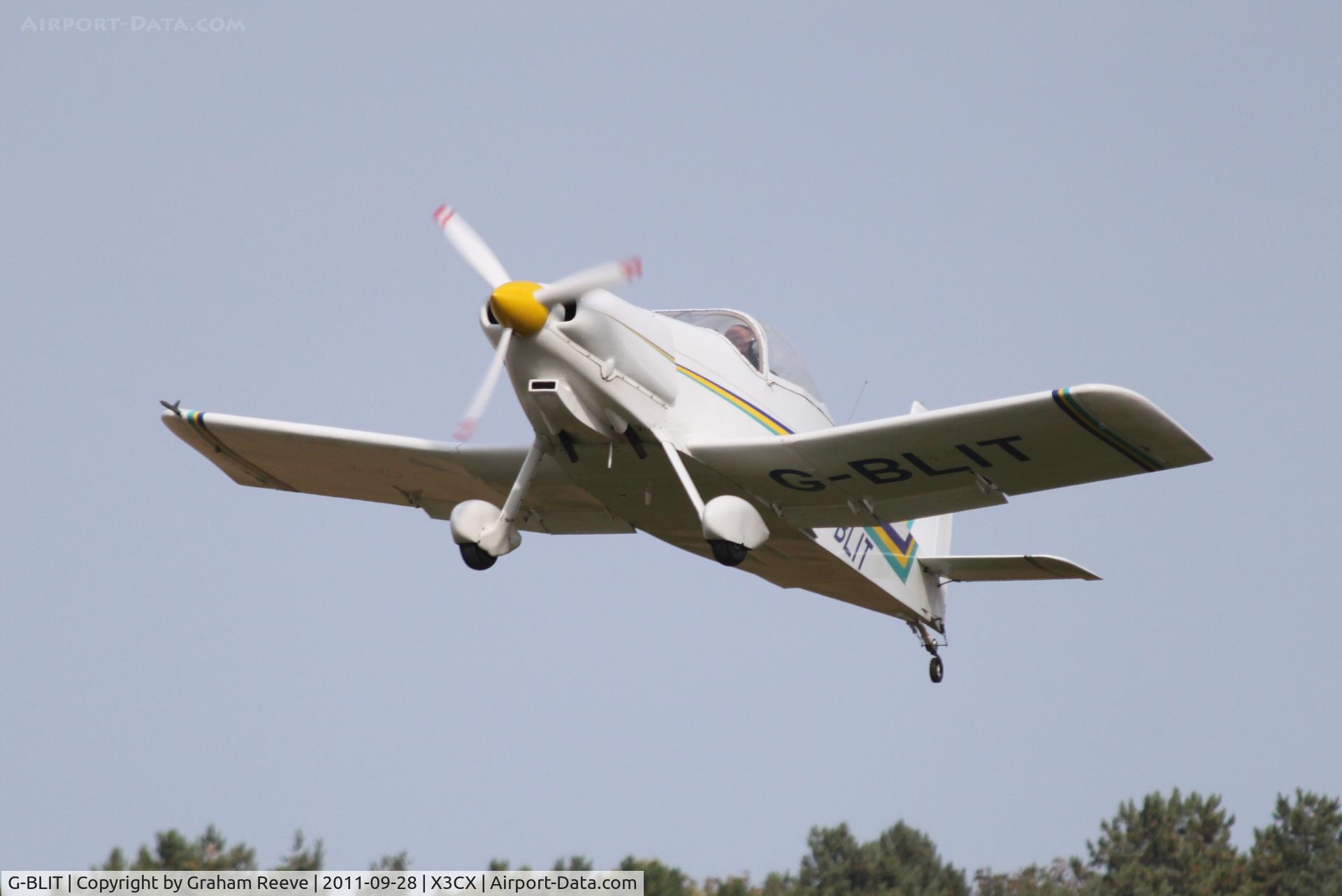 G-BLIT, 1986 Thorp T-18C Tiger C/N PFA 076-10550, Departing from Northrepps.