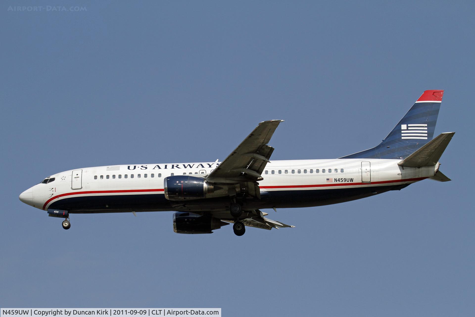 N459UW, 1991 Boeing 737-4B7 C/N 25023, Approaching the US Airways hub of Charlotte