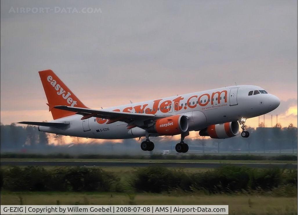 G-EZIG, 2005 Airbus A319-111 C/N 2460, Take off from Schiphol Airport