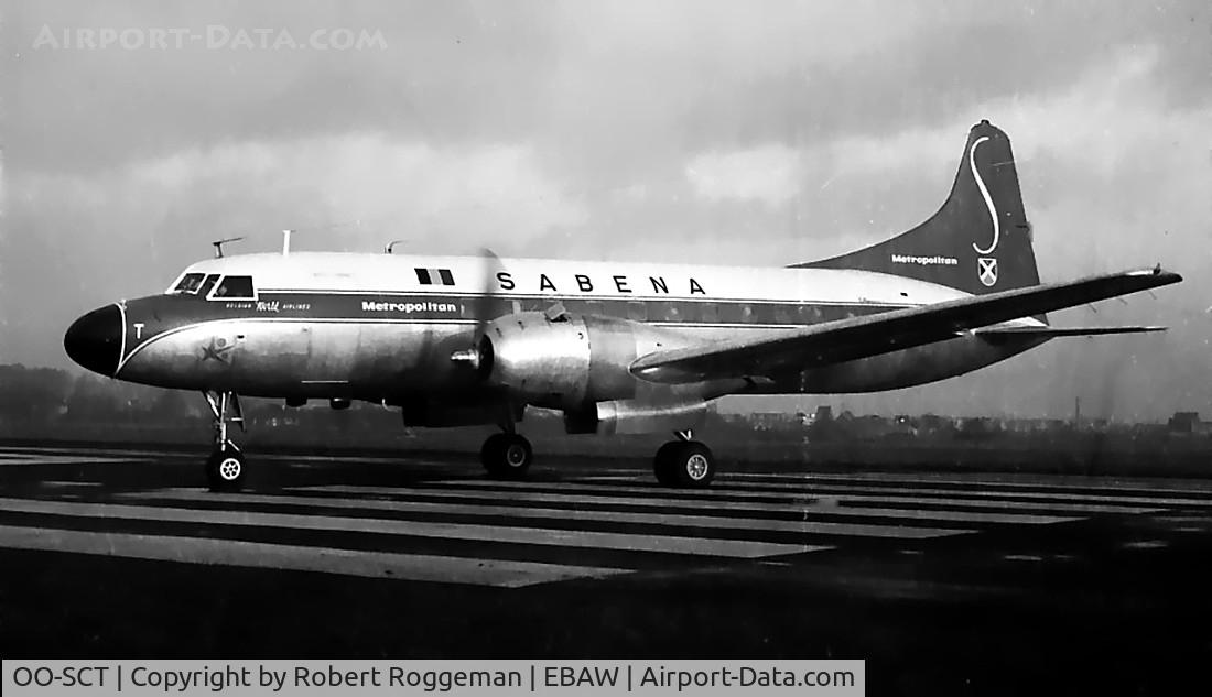 OO-SCT, 1956 Convair 440 Metropolitan C/N 381, Late 1950's.Warming up engines for daily flight.Brussels Antwerp London.