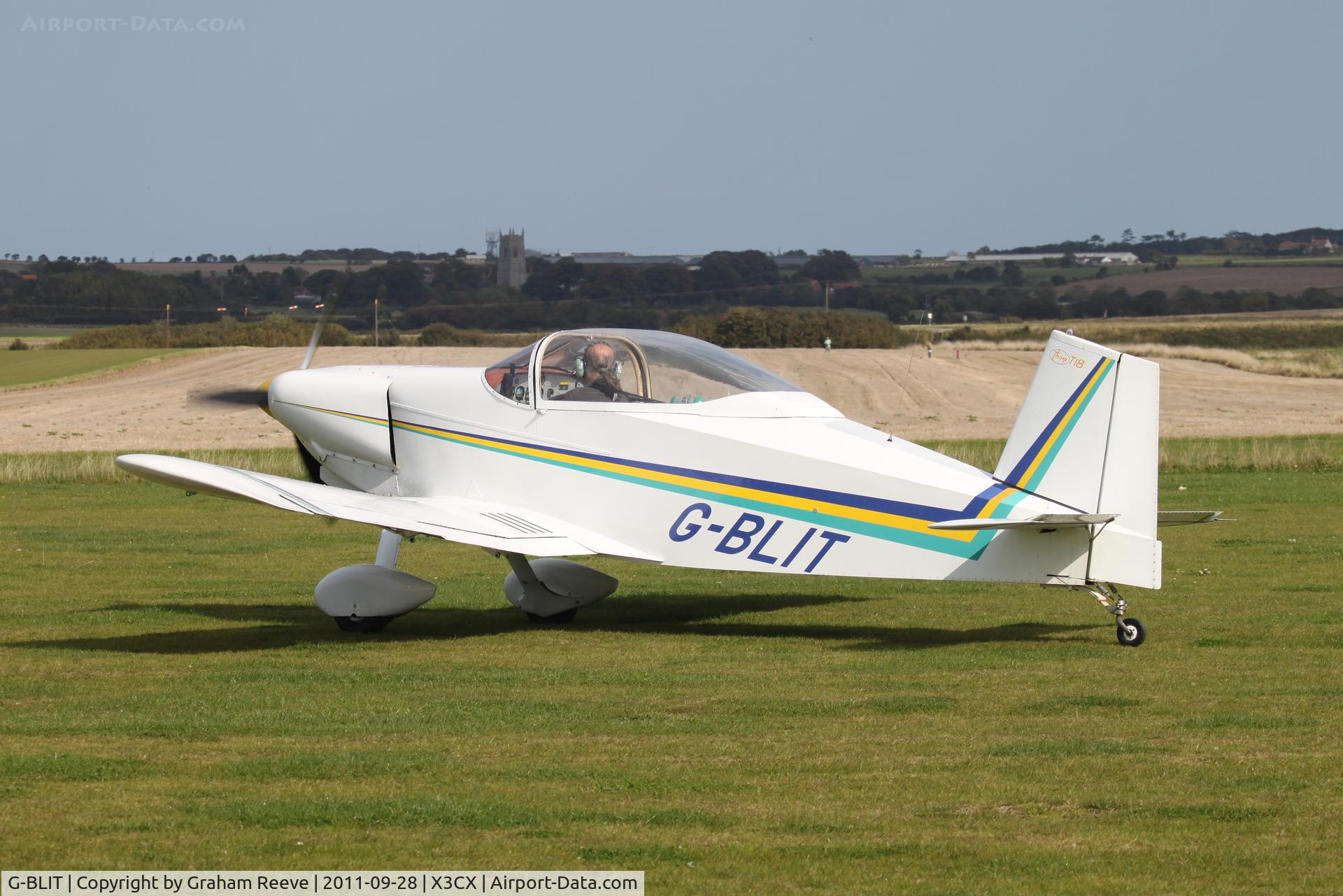 G-BLIT, 1986 Thorp T-18C Tiger C/N PFA 076-10550, About to depart from Northrepps.