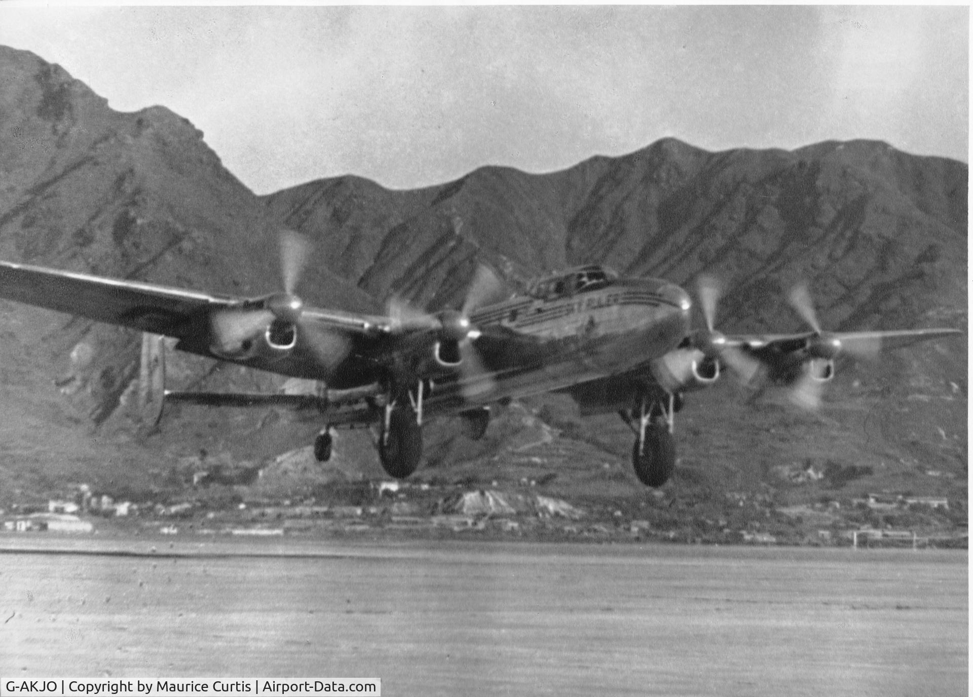 G-AKJO, Avro 691 Lancastrian C.4 C/N RY/LB/59112, Capt Bryan Greensted departing Kai Tak airfield, 1947. This AVRO Lancastrian had delivered Henry Longhurst to Kai Tak airport, Hong Kong, in mid 1947.