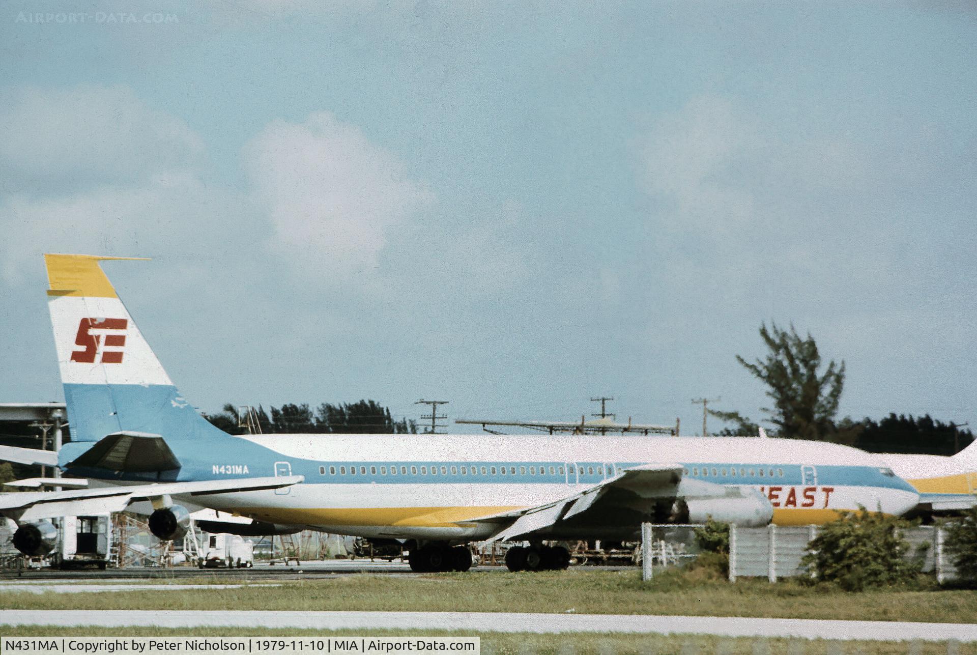 N431MA, 1959 Boeing 707-321 C/N 17597, Southeast Boeing 707-321 as seen at Miami in November 1979.
