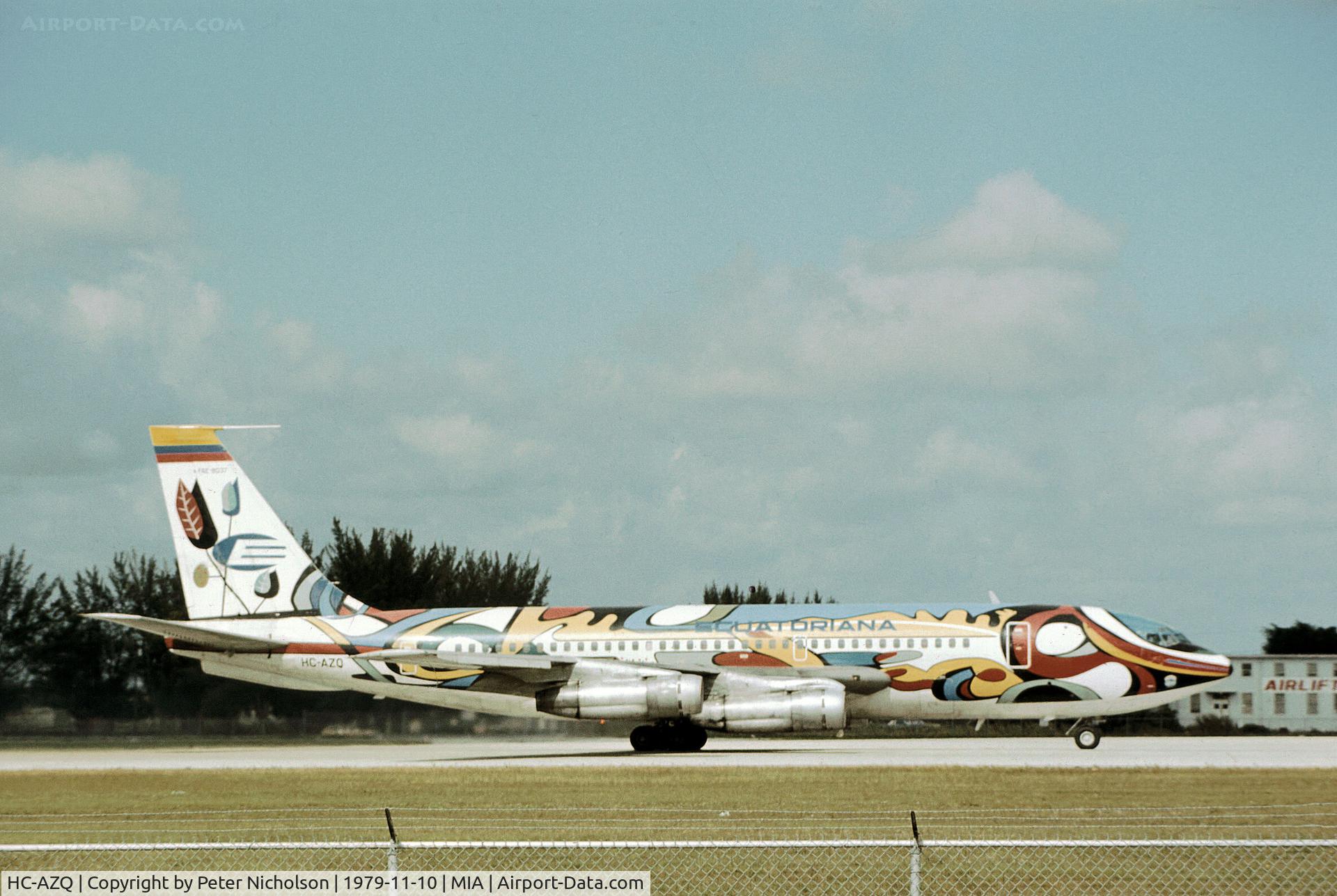 HC-AZQ, 1961 Boeing 720-023B C/N 18037, Boeing 720-023B of Equatoriana preparing for take-off at Miami in November 1979.