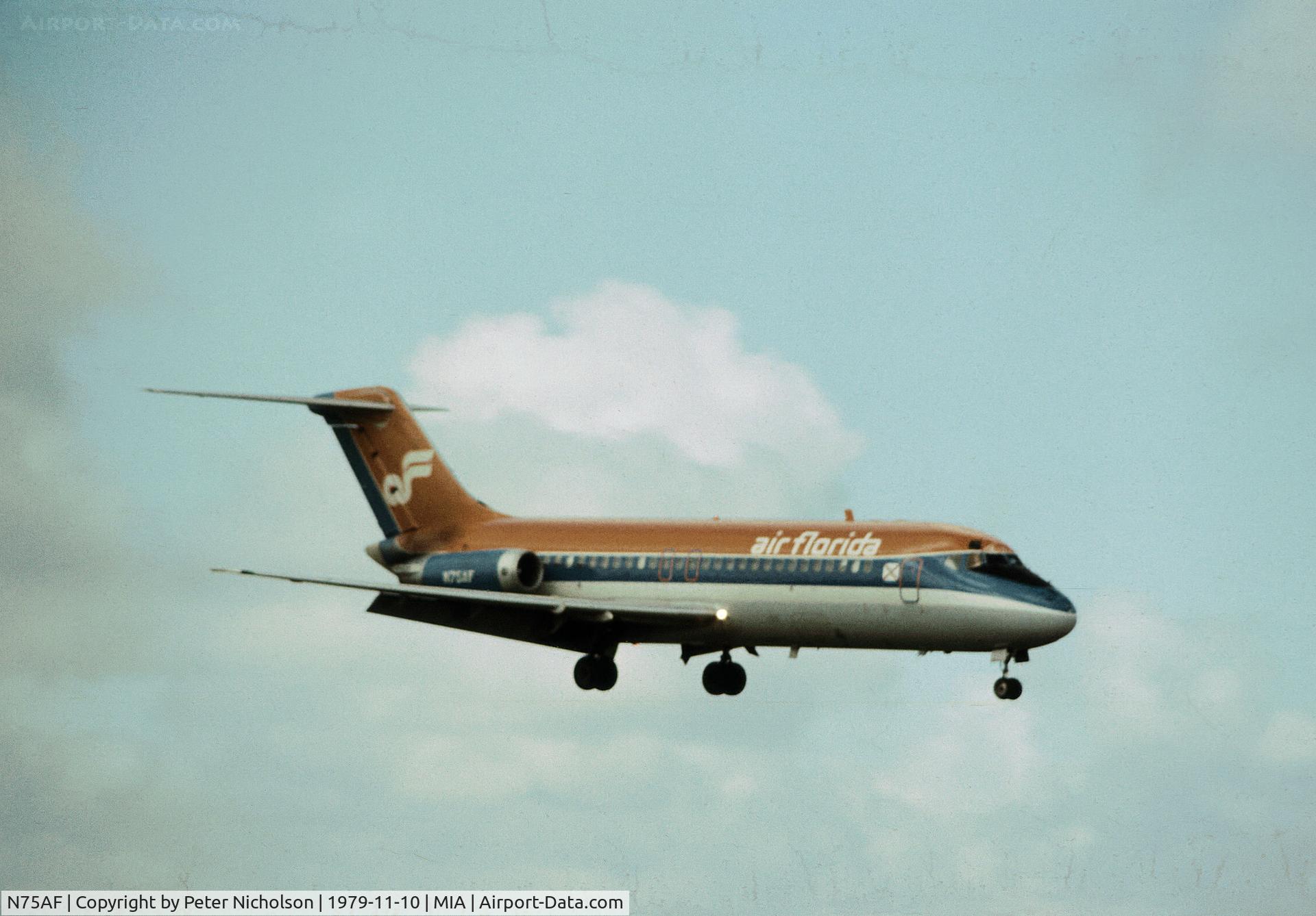 N75AF, 1967 Douglas DC-9-15F C/N 47012, Air Florida DC-9-15F landing at Miami in November 1979.
