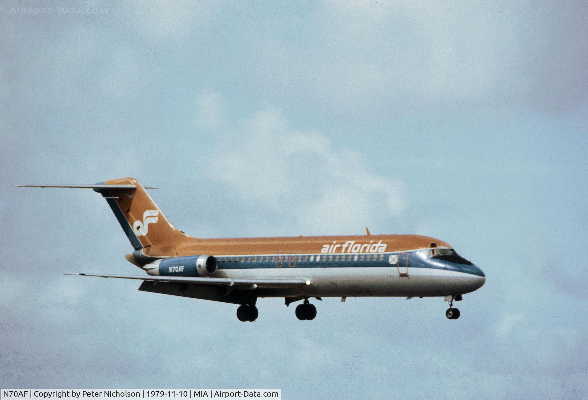 N70AF, 1967 Douglas DC-9-15F C/N 47014, DC-9-15F of Air Florida landing at Miami in November 1979.