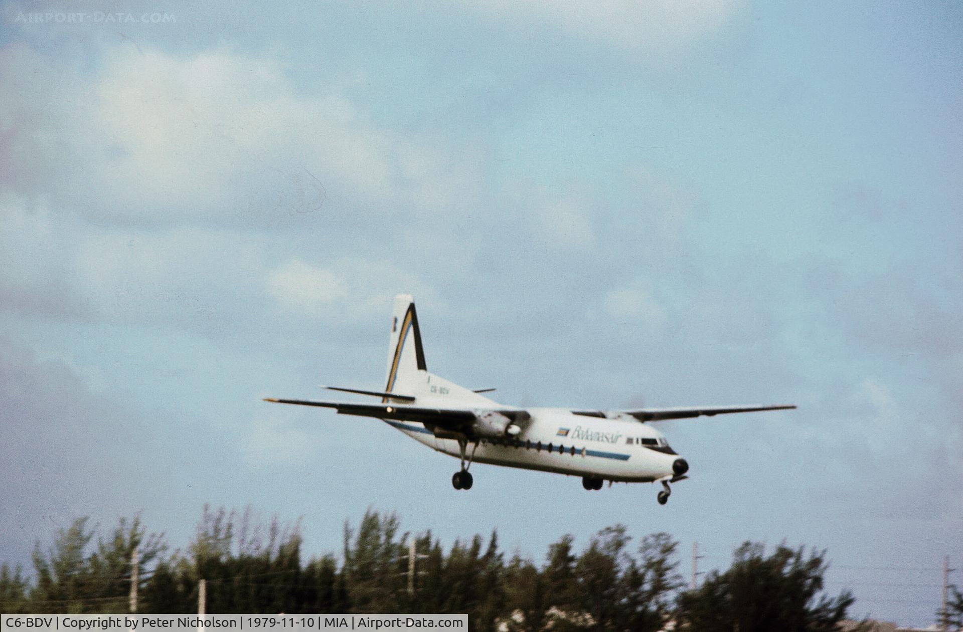 C6-BDV, 1966 Fairchild Hiller FH-227E C/N 509, FH-227E Friendship of Bahamasair on final approach to Miami in November 1979.