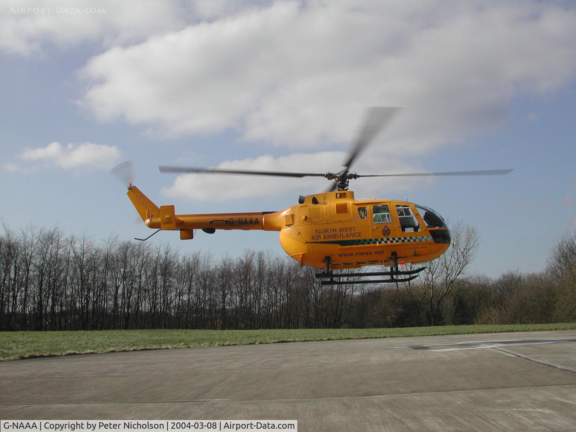 G-NAAA, 1993 MBB Bo-105DBS-4 C/N S-34/912, North-East Air Ambulance MBB Bo.107 departing from the Cumberland Infirmary in March 2004.