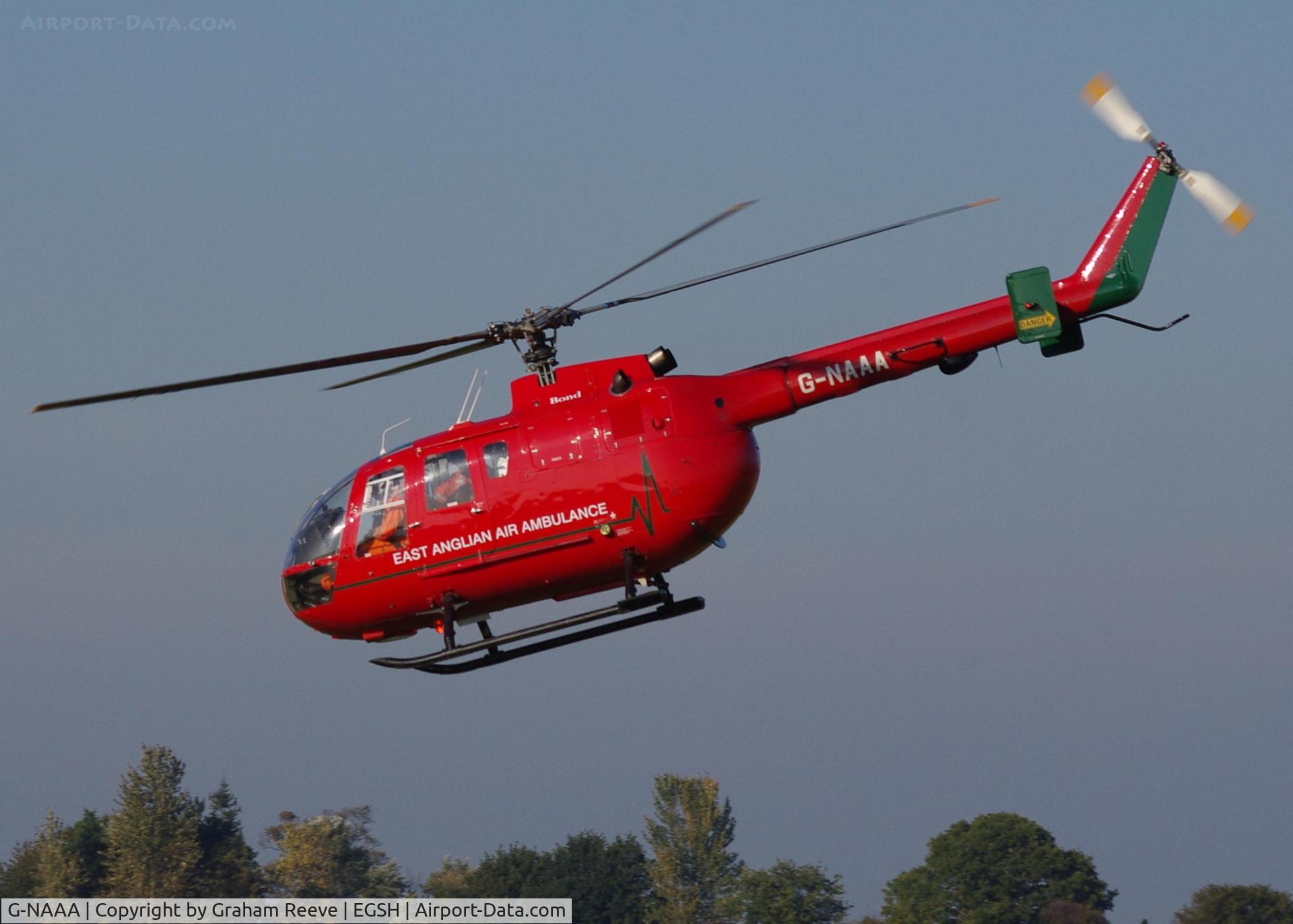 G-NAAA, 1993 MBB Bo-105DBS-4 C/N S-34/912, Departing at speed.