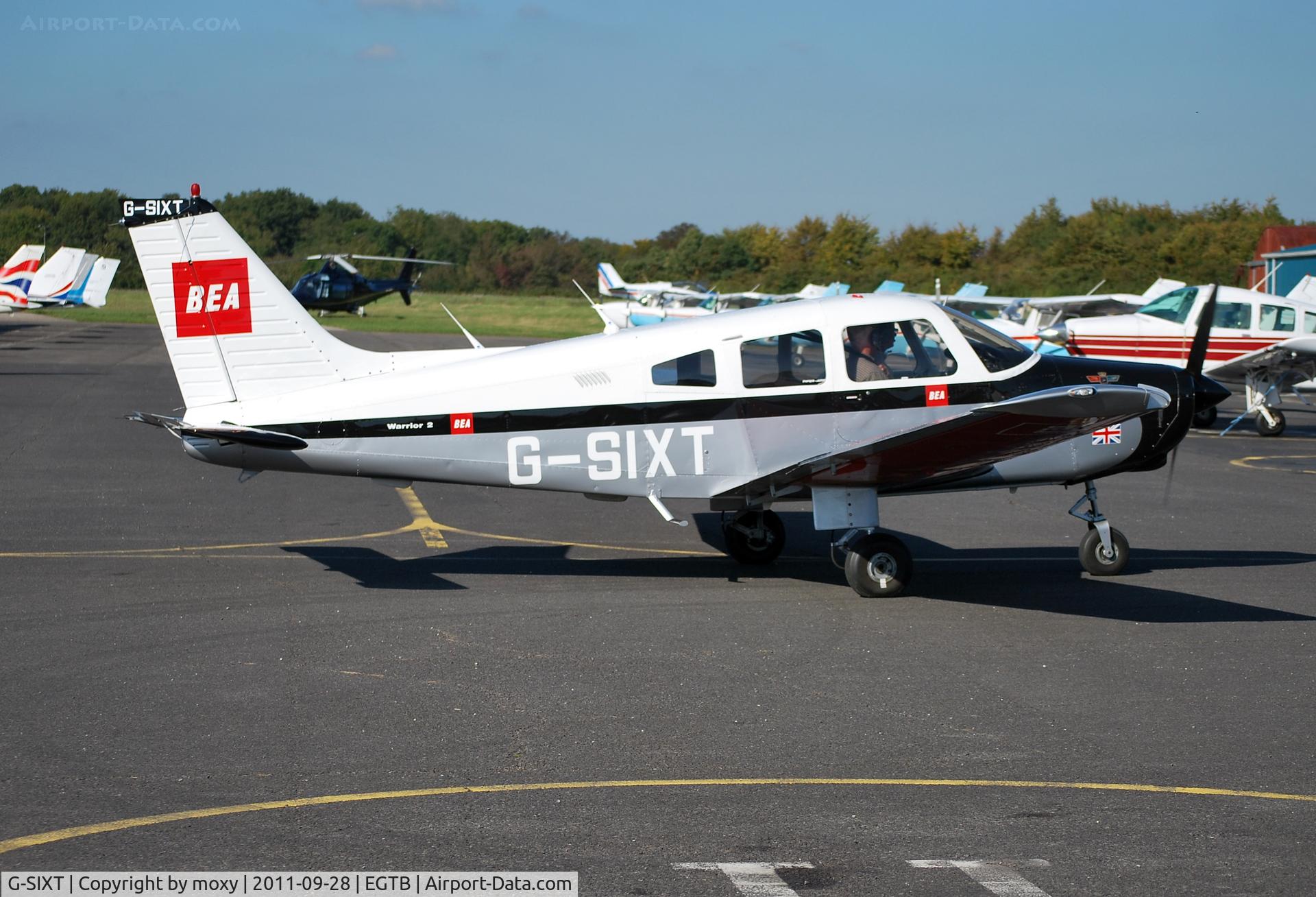 G-SIXT, 1988 Piper PA-28-161 Cherokee Warrior II C/N 2816056, Piper Cherokee Warrior II at Wycombe Air Park.
Old BEA livery starboard side, Old BOAC livery port side.