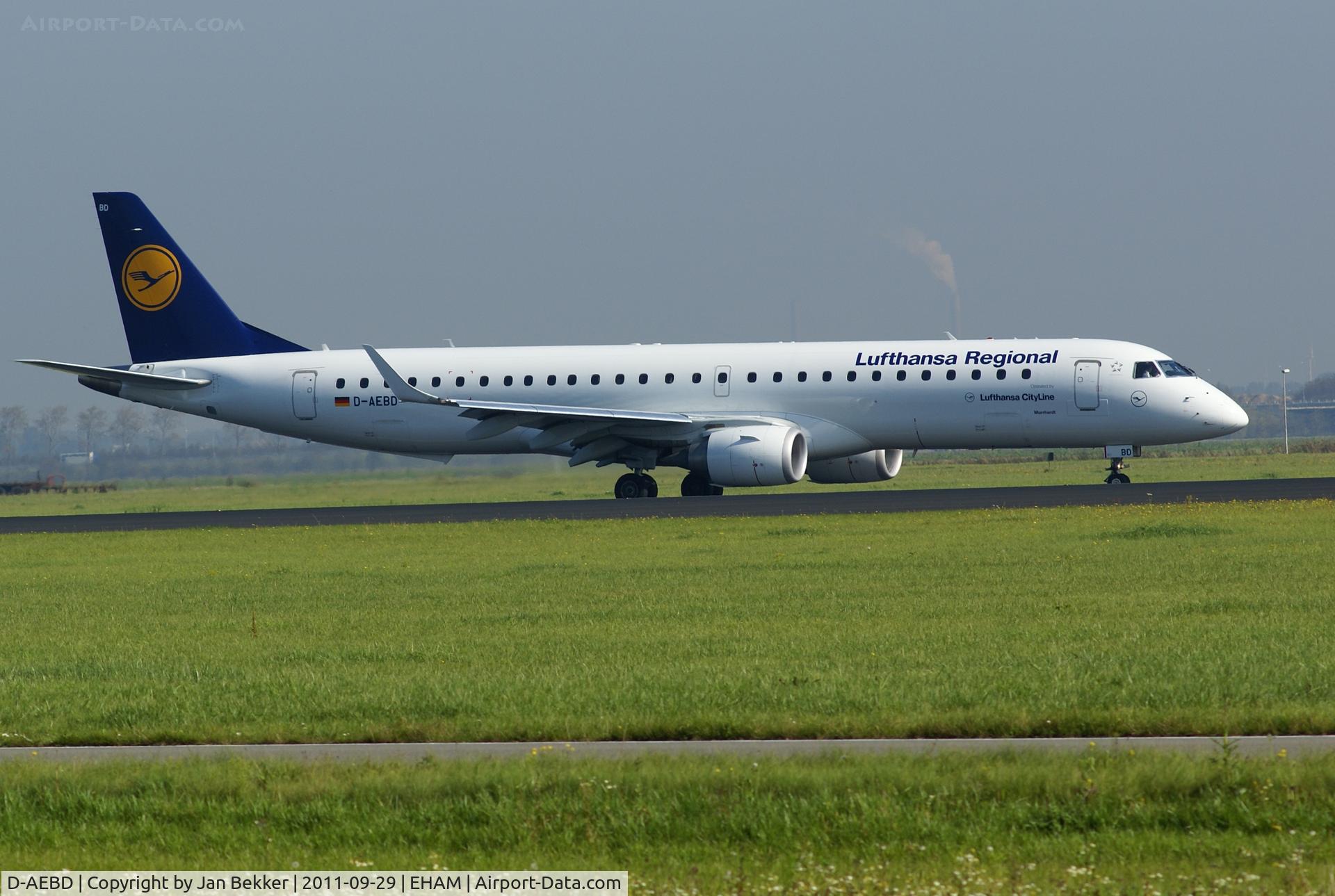 D-AEBD, 2009 Embraer 195LR (ERJ-190-200LR) C/N 19000324, Just after landing on the Polderbaan at Schiphol
