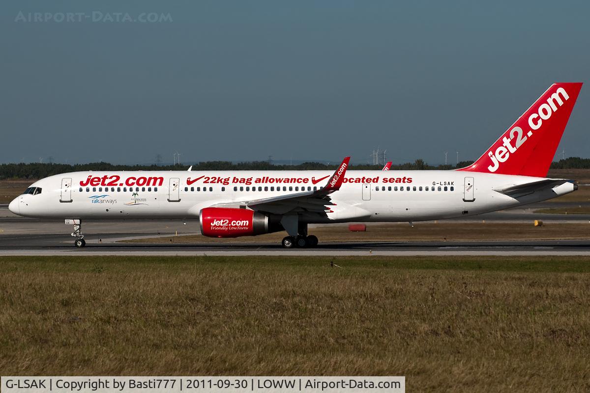 G-LSAK, 1996 Boeing 757-23N C/N 27973, G-LSAK, first flight from VIE to Ras al-Khaimah