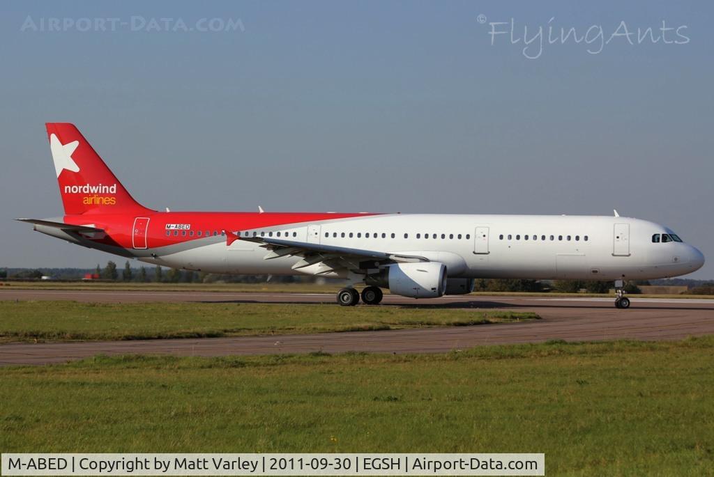 M-ABED, 2000 Airbus A321-211 C/N 1219, About to depart EGSH after spray into Nordwind Airlines.