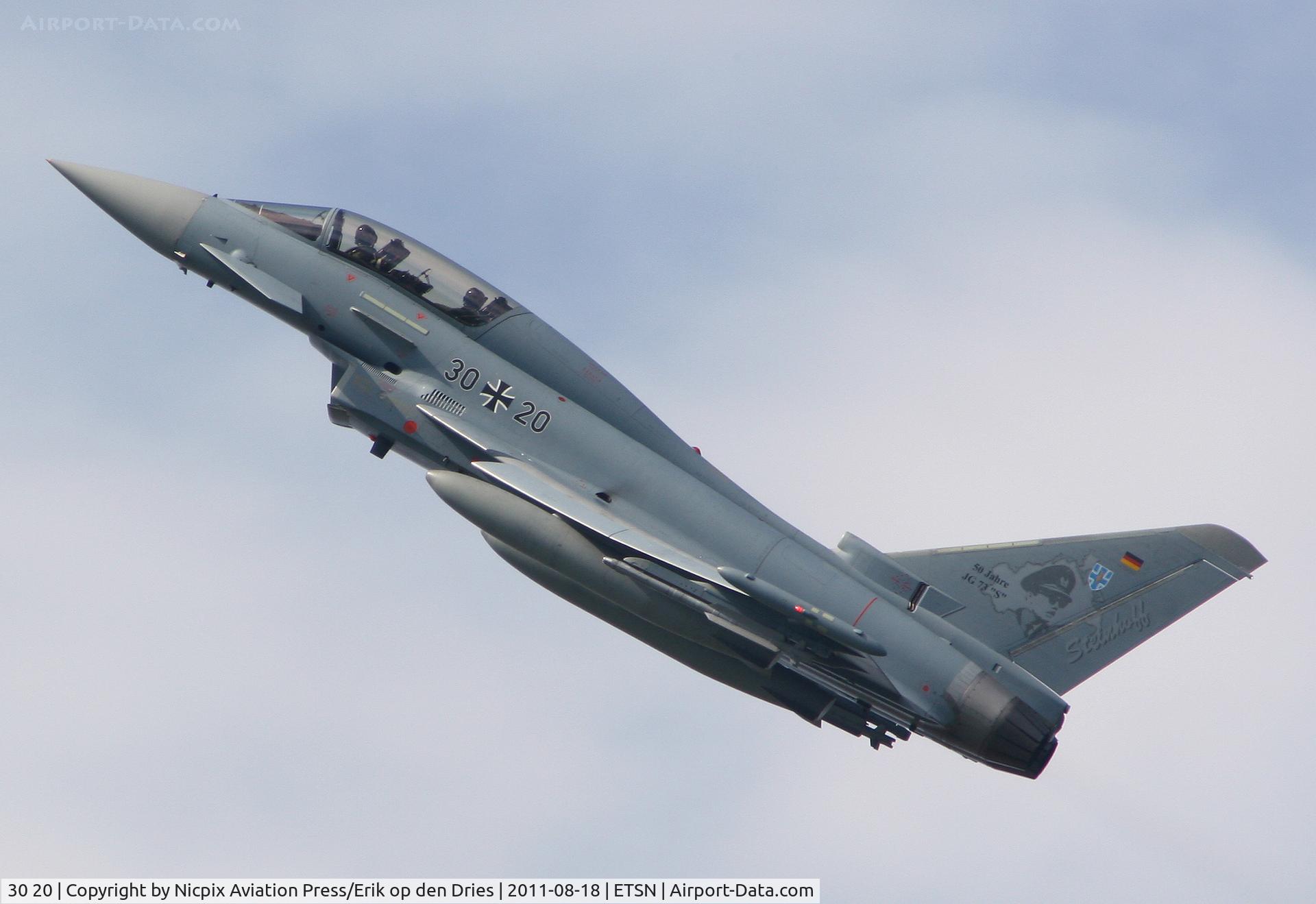 30 20, 2005 Eurofighter EF-2000 Typhoon T C/N GT009, German AF EF-2000(T) in nice 5yaers Eurofighter anniveray markings is assigned to JG-73 (Fighterwing-73) and based at Laage AB.