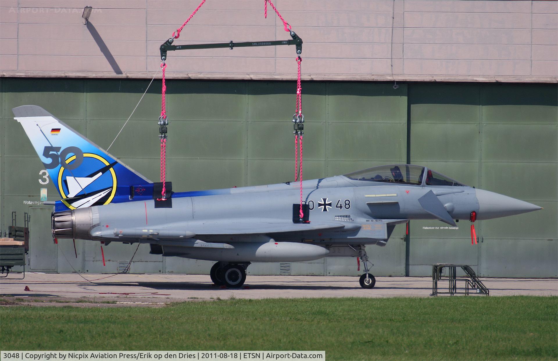 3048, 1971 Canadair NF-5A Freedom Fighter C/N 3048, German EF-2000 3048 in 50 years JG-74 (Fighterwing-74) anniversary markings used for lifting exercises.