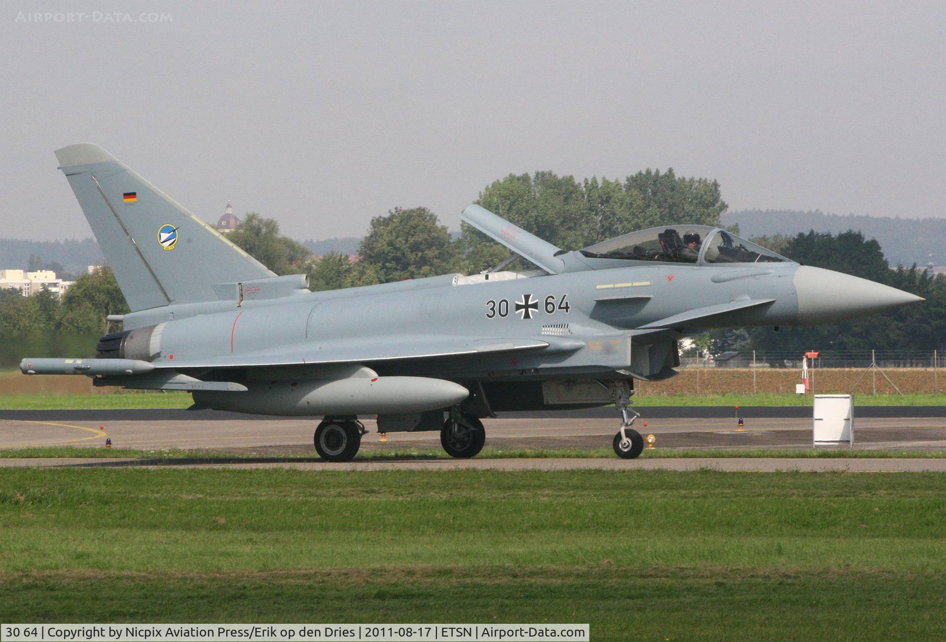 30 64, Eurofighter EF-2000 Typhoon S C/N GS047, German AF Eurofighter 3064 with opened dive-brake taxiing back after landing.