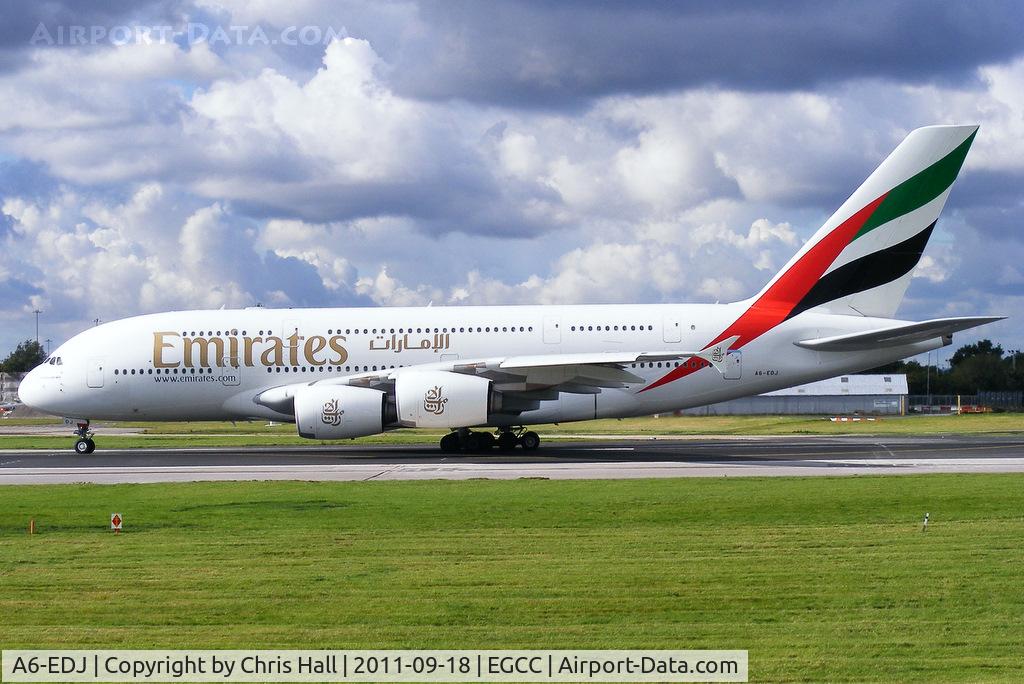 A6-EDJ, 2006 Airbus A380-861 C/N 009, Emirates A380 A6-EDJ making a rare departure from RW23R, the A380 normally departs from RW23L at EGCC