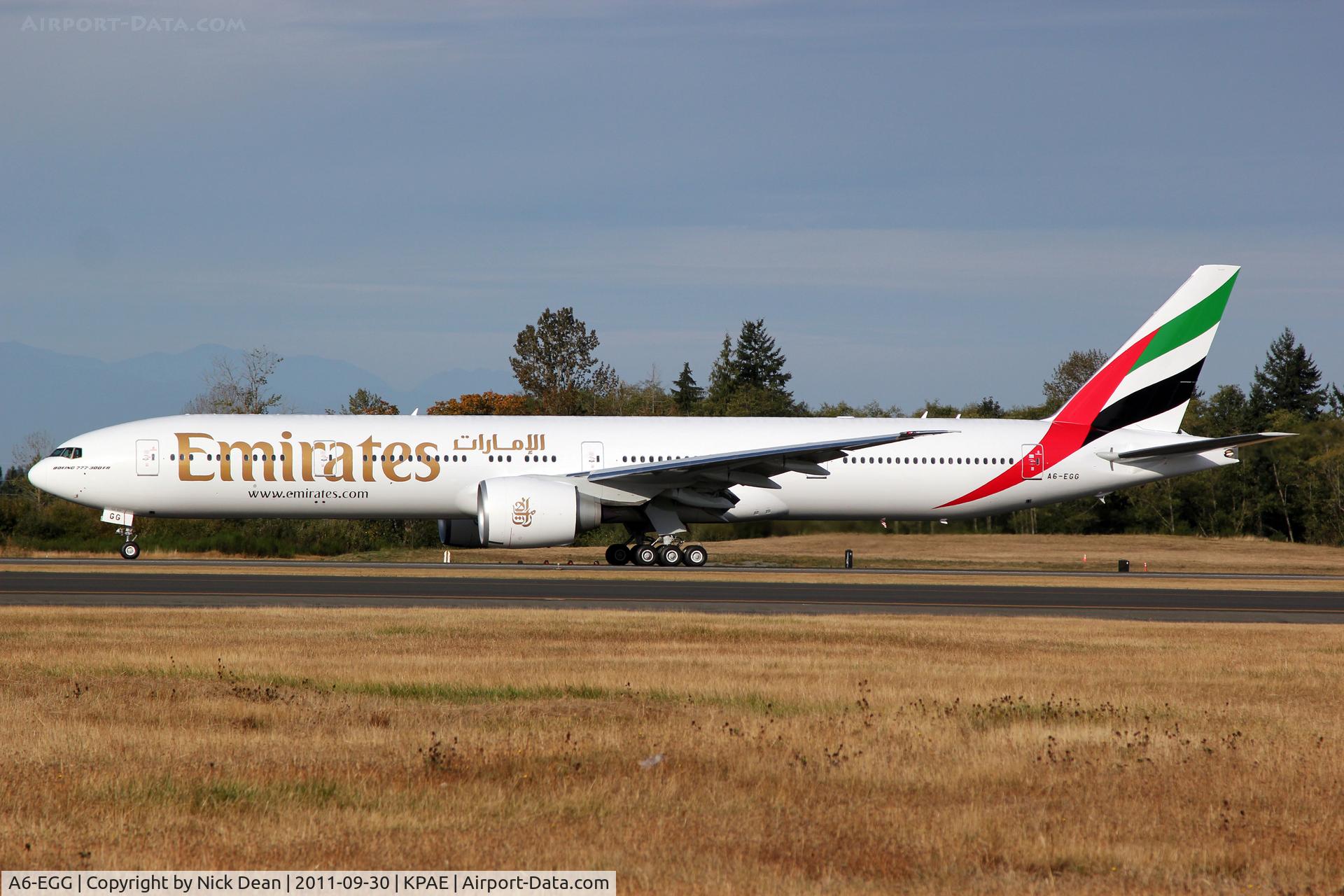 A6-EGG, 2011 Boeing 777-31H/ER C/N 41070, KPAE/PAE Boeing 187 taxying for departure on first flight.
