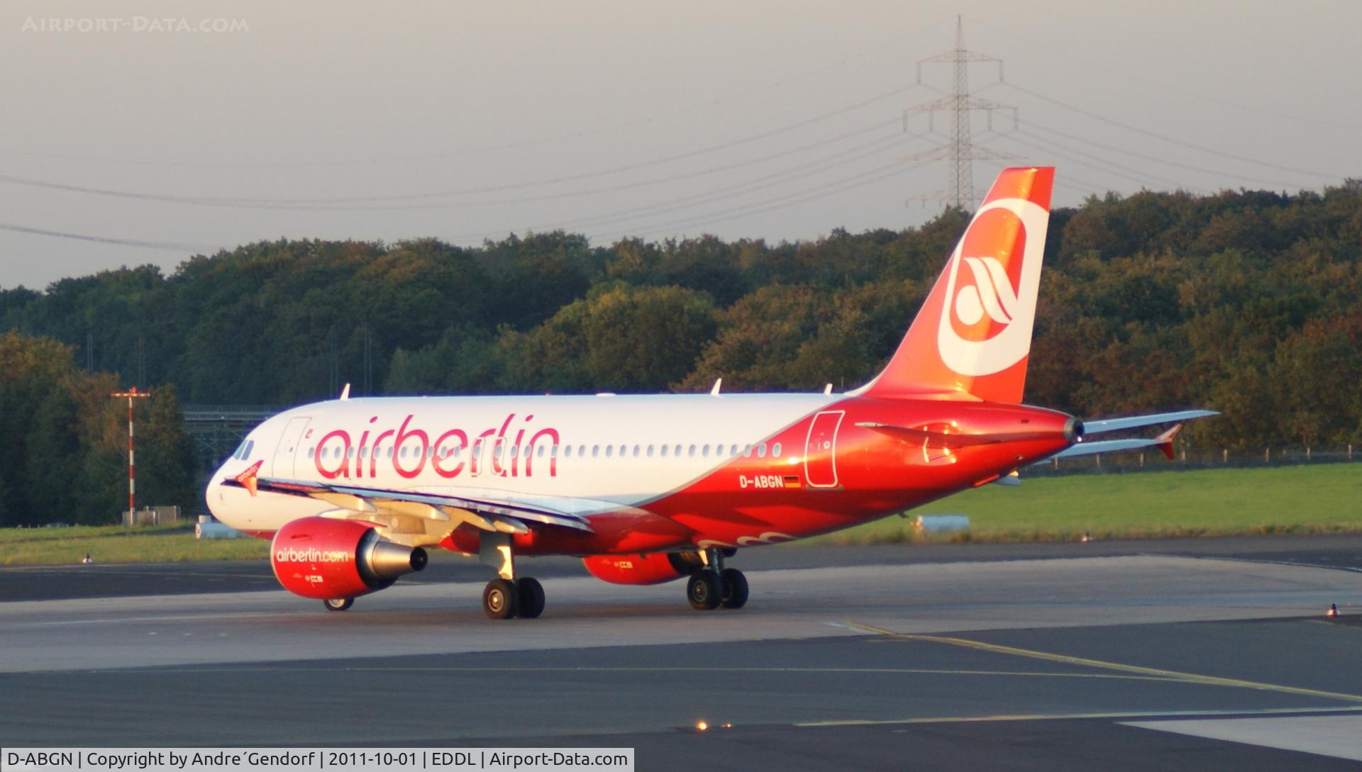 D-ABGN, 2008 Airbus A319-112 C/N 3661, Air Berlin, before departure at Düsseldorf Int´l (EDDL) in beautiful evening light