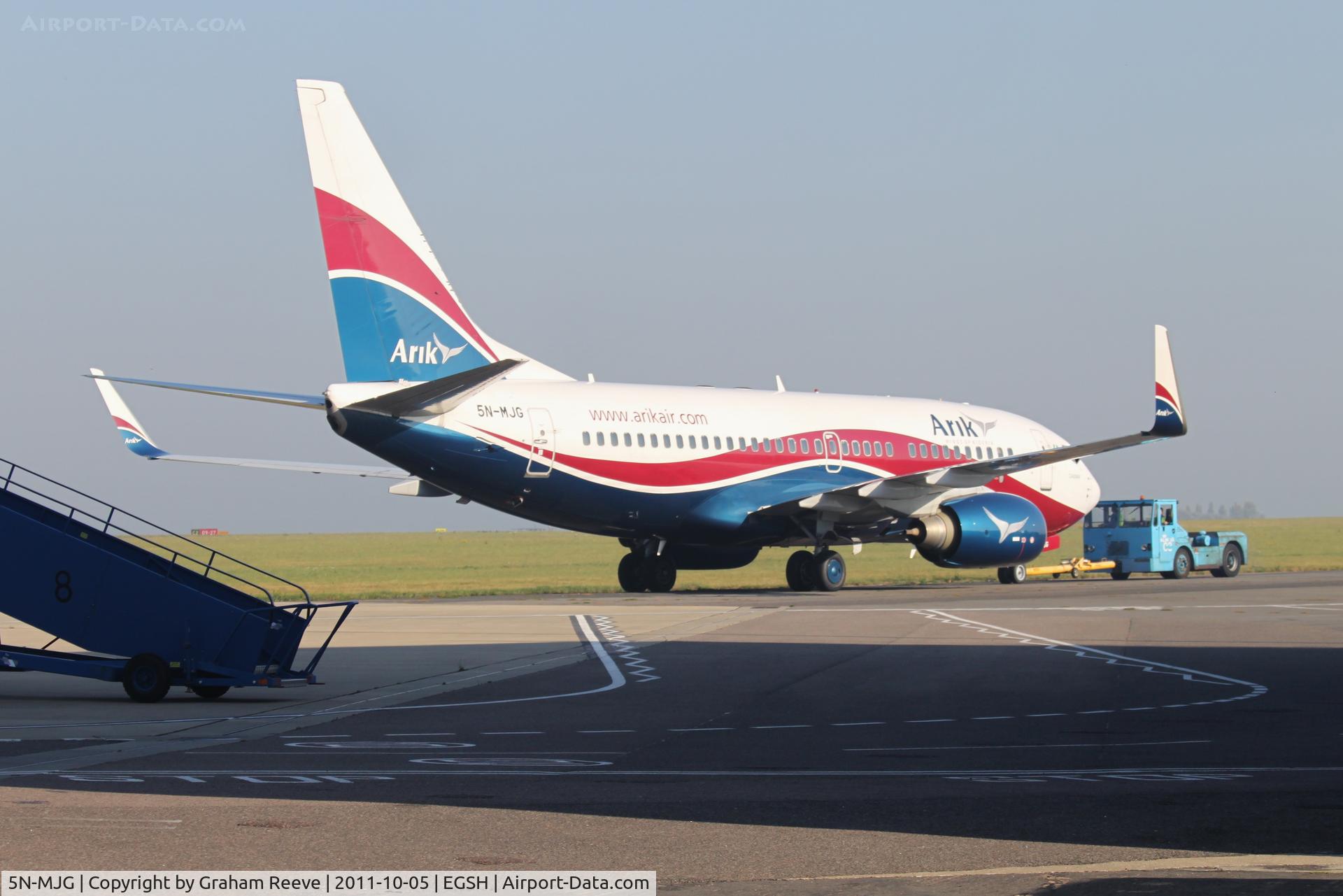 5N-MJG, 2008 Boeing 737-7BD C/N 33944/2576, Under tow.