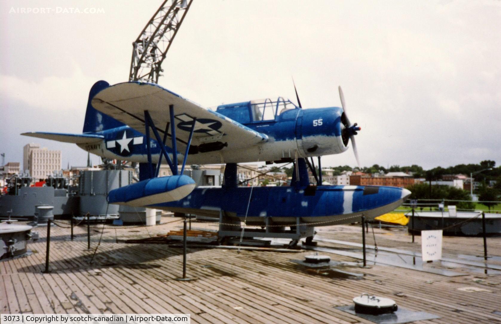 3073, 1941 Vought OS2U-3 Kingfisher C/N Not found 3073, 1941 Vought OS2U-2 Kingfisher on the USS North Carolina (BB-55) at Wilmington, NC