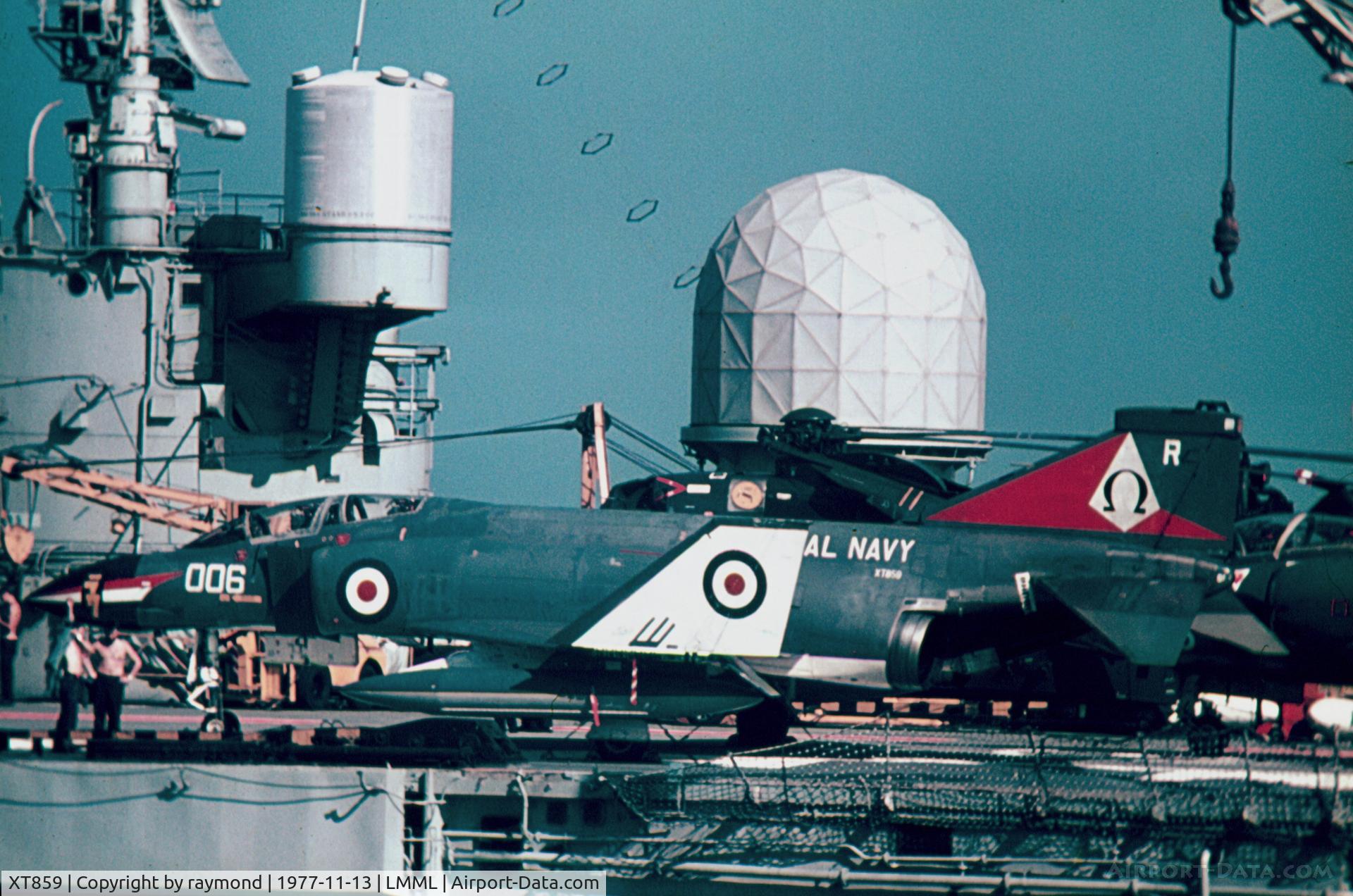 XT859, 1968 McDonnell Douglas Phantom FG1 C/N 2279, Phantom XT859/006 NAS892 Royal Navy on the the deck of HMS Ark Royal back on 13Nov77 in the Grand Harbour, Malta during a weeks visit.