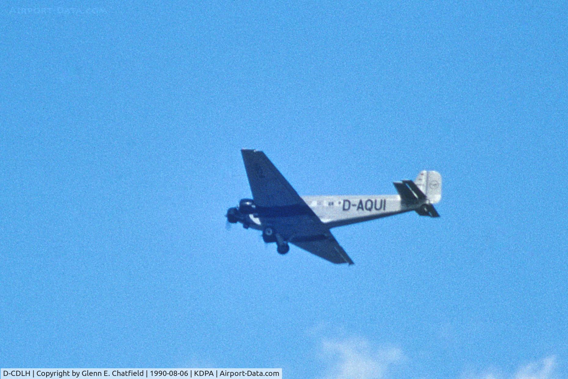 D-CDLH, 1936 Junkers Ju-52/3m C/N 130714, Overflying DuPage Airport, West Chicago.  Seen from inside the control tower.