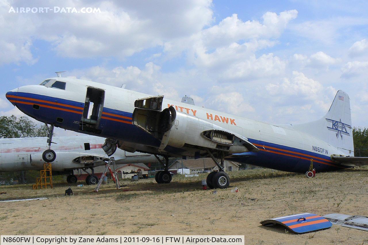 N860FW, Convair 640-340D C/N 10, Former Kitty Hawk Freight Lines Convair 640, undergoing parts usable removal prior to scrapping. At Meacham Field - Fort Worth, TX