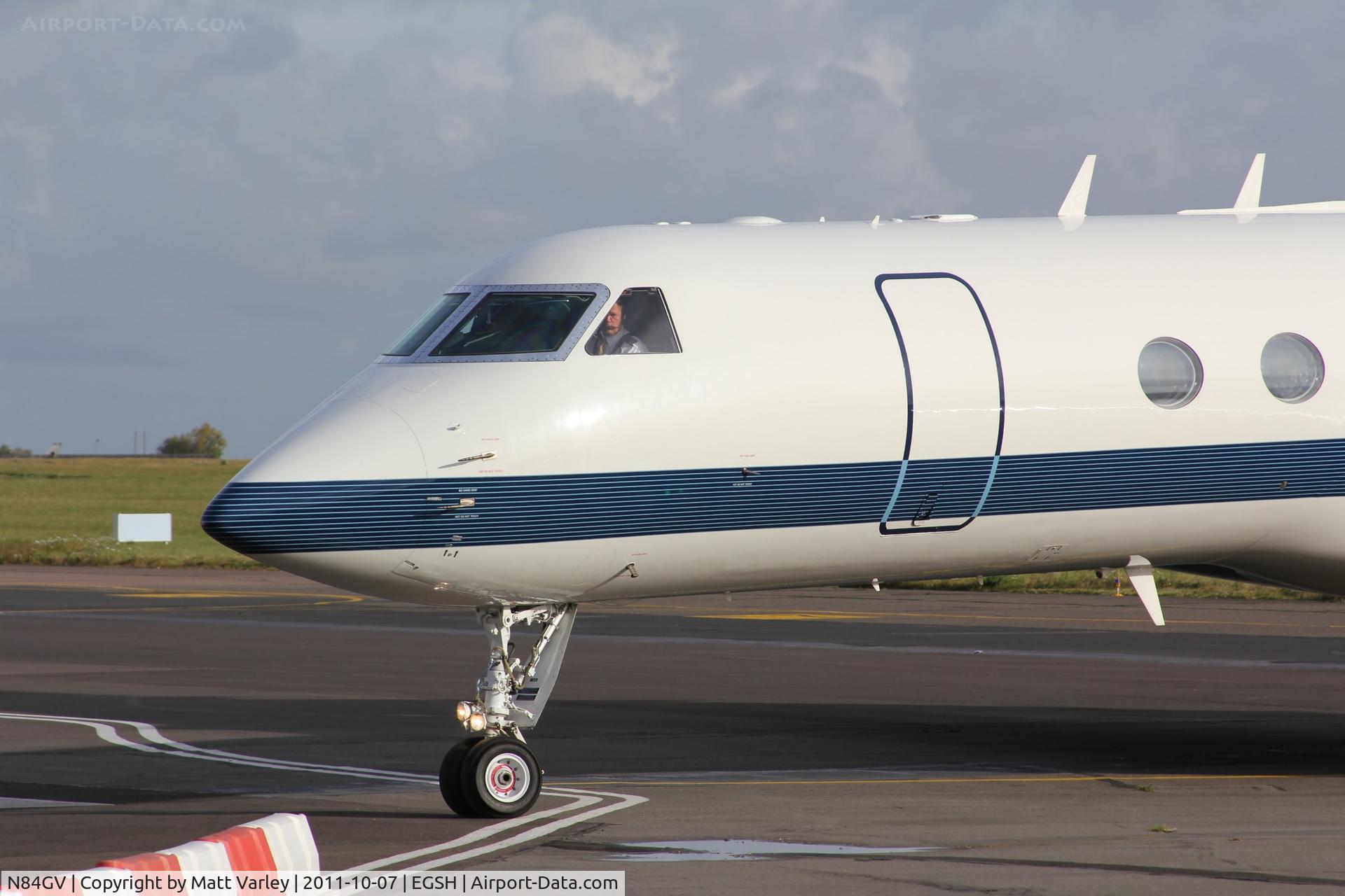 N84GV, 1999 Gulfstream Aerospace G-V C/N 584, Arriving at EGSH. (Close up of Nose)