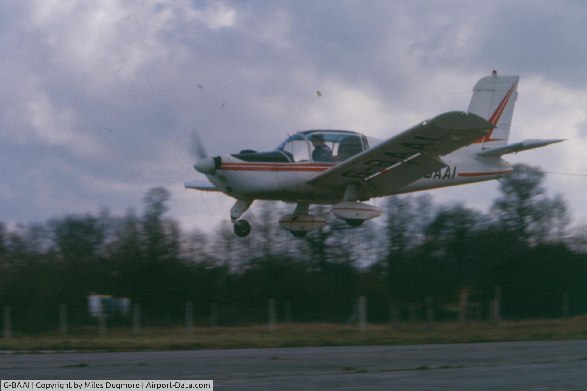 G-BAAI, 1967 Morane-Saulnier MS.893A Rallye Commodore 180 C/N 10705, Landing at South Marston A/F (01). At the time was owned by a local farmer, Fred Butcher who occasionally brought it to South Marston for glider towing at the Swindon Gliding Club