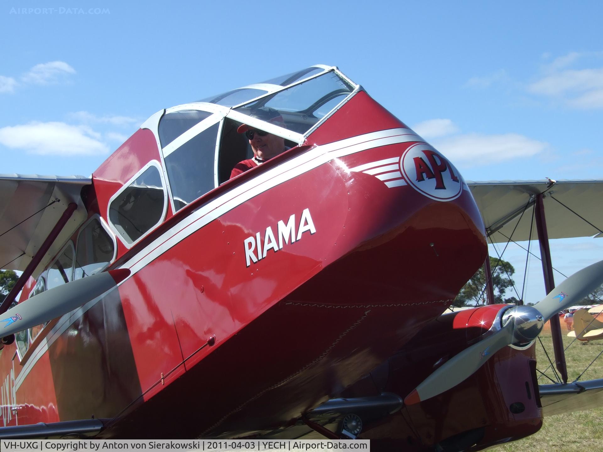 VH-UXG, 1934 De Havilland DH-84 Dragon 2 C/N 6077, VH-UXG @ YECH De Havilland DH84 DRAGON at Echuca Air Show. This aircraft crashed on 1 Oct 2012 on a flight to YCDR