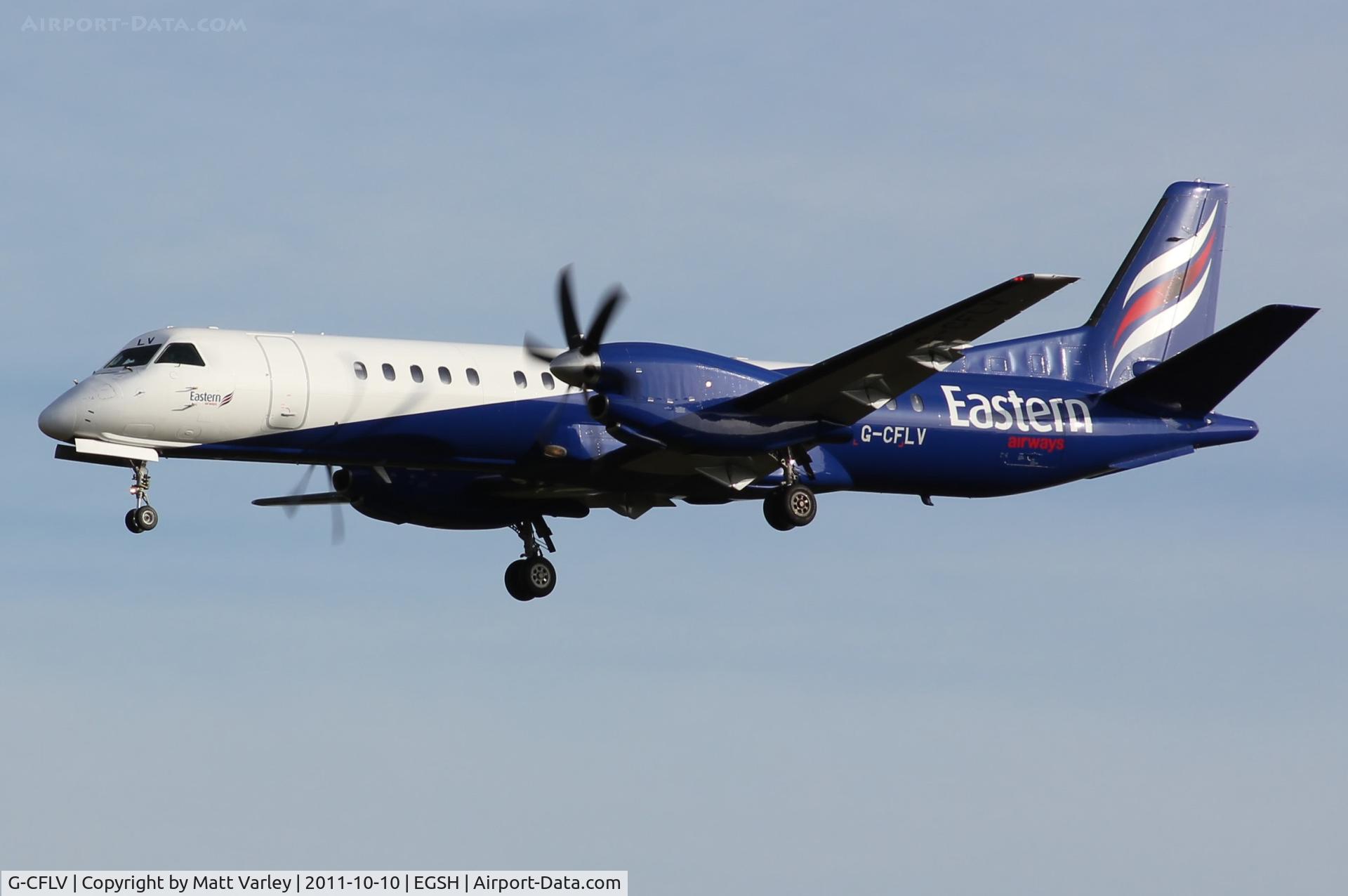 G-CFLV, 1995 Saab 2000 C/N 2000-023, Arriving at EGSH.