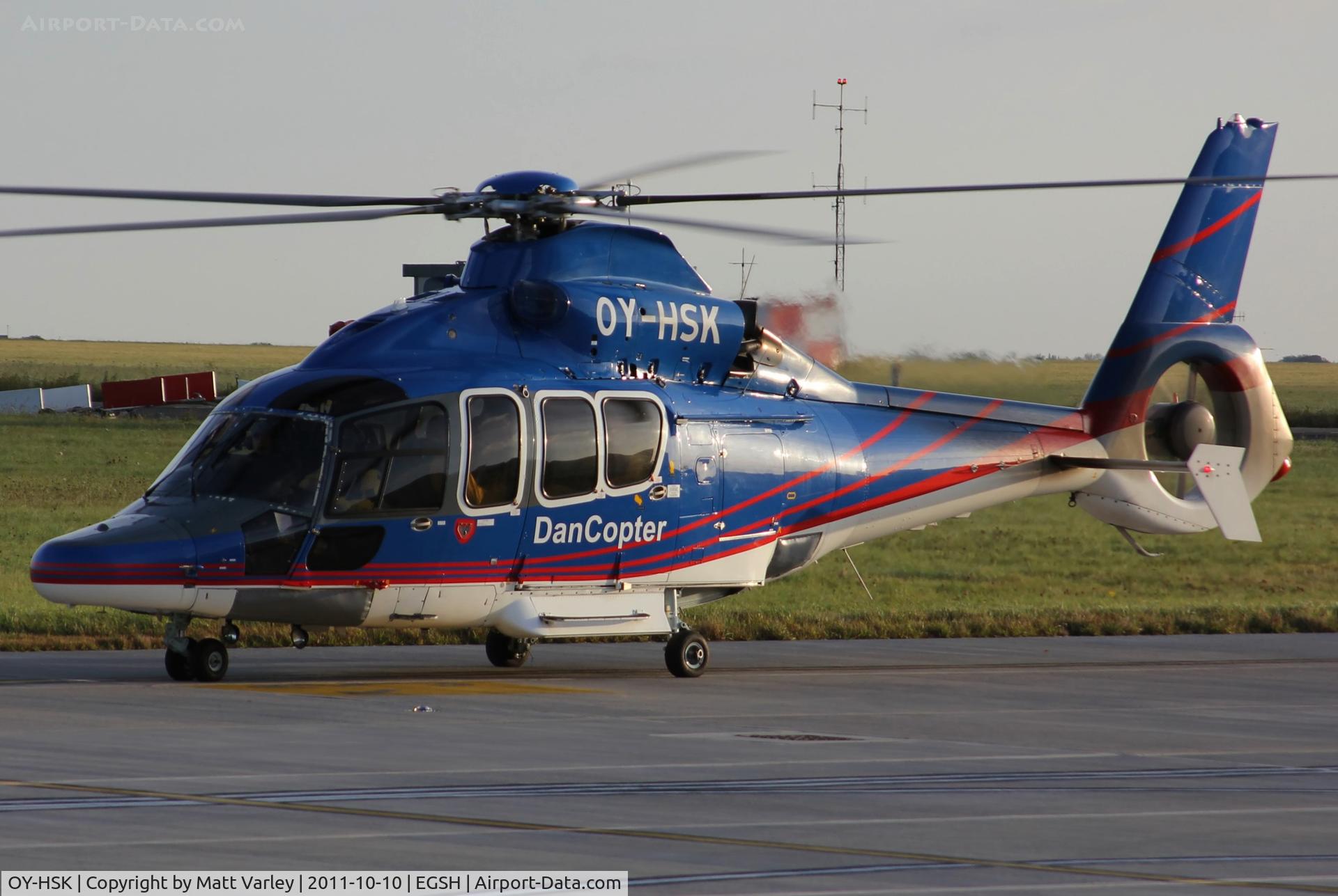 OY-HSK, 2003 Eurocopter EC-155B C/N 6660, Arrivng at Saxon Air in the early morning sun.