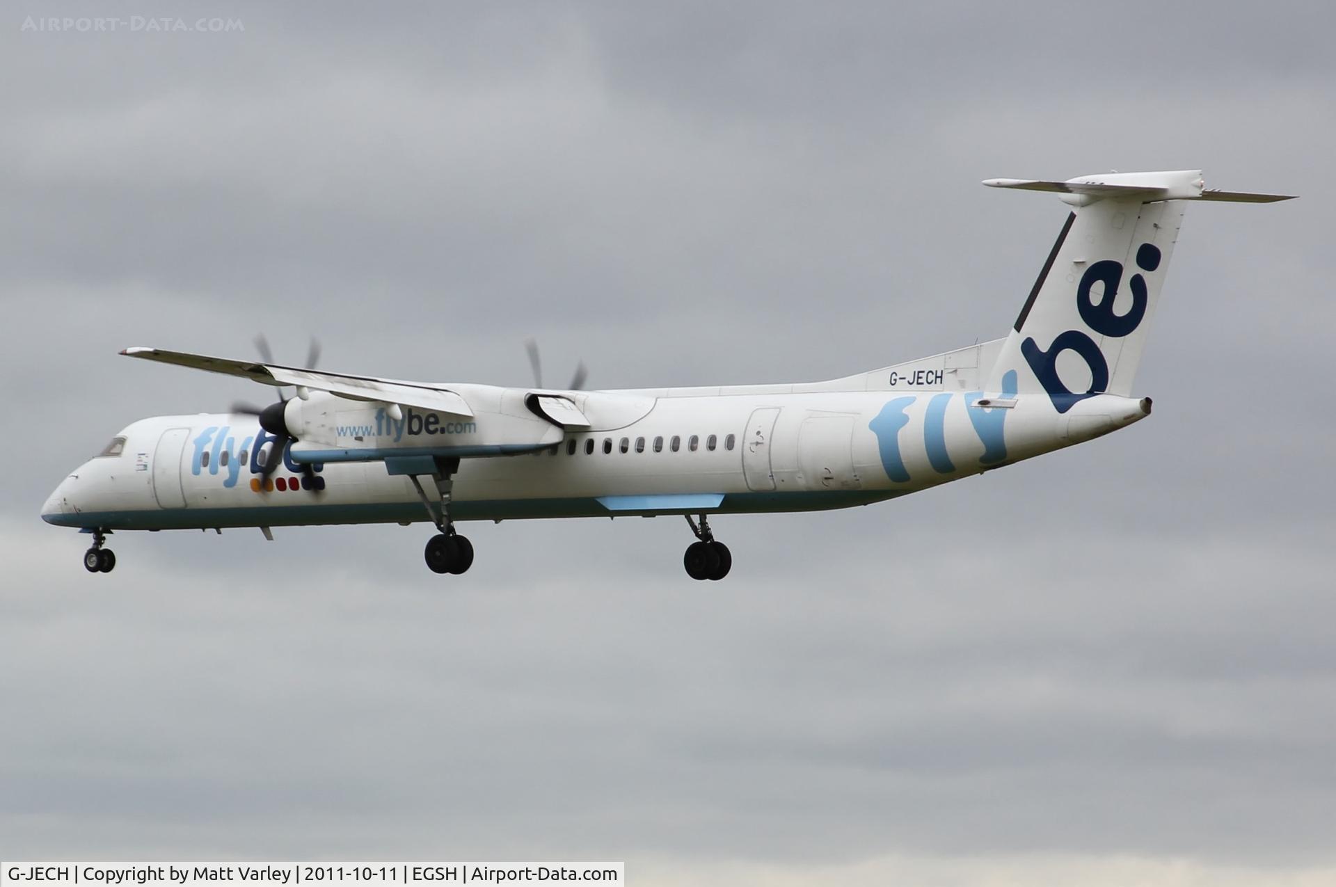 G-JECH, 2005 De Havilland Canada DHC-8-402Q Dash 8 C/N 4103, Arriving at EGSH shortly before going tec.