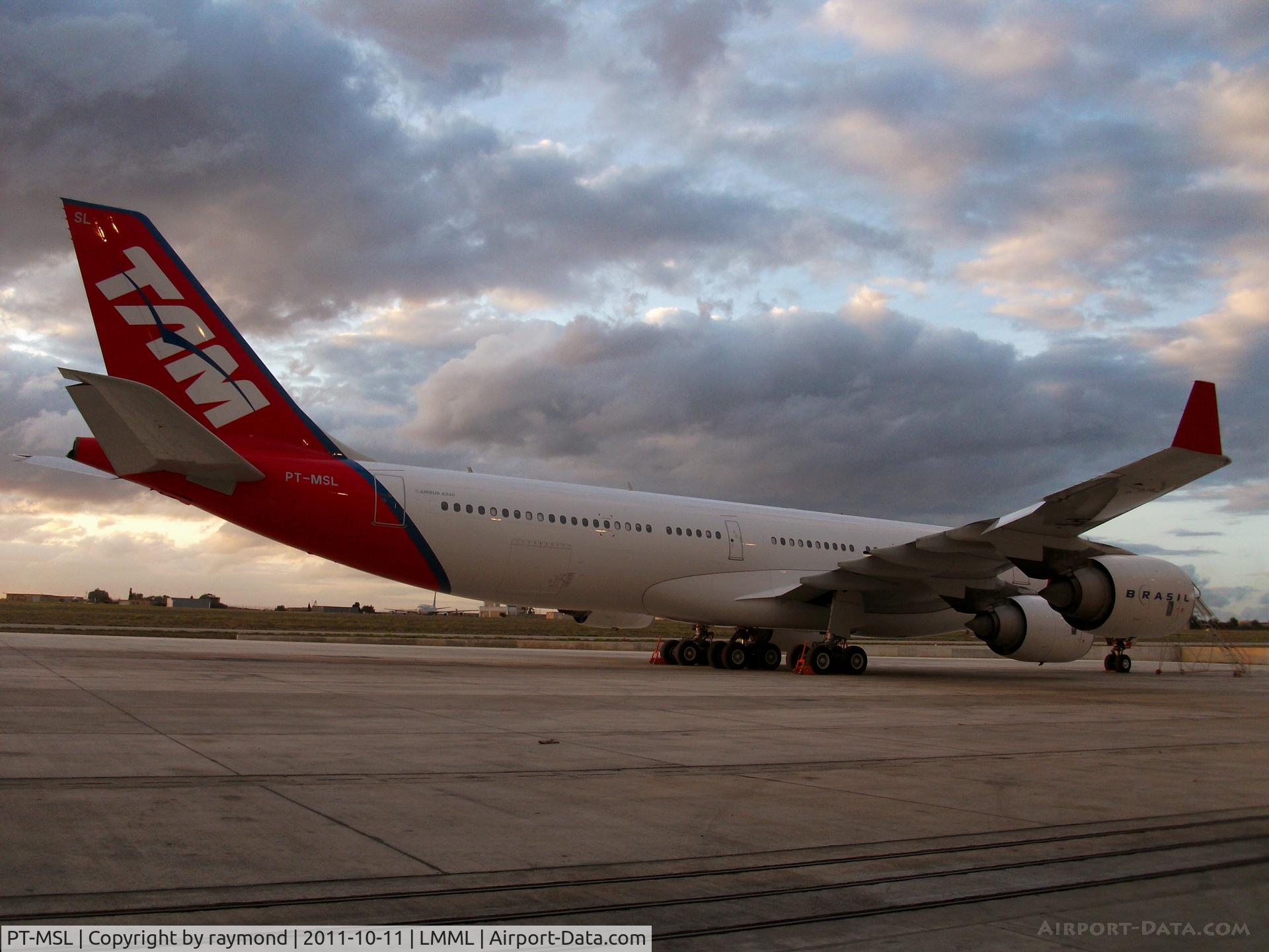 PT-MSL, 2003 Airbus A340-541 C/N 464, A340 PT-MSL TAM Brazil in Malta for maintenance check on 11Oct11.
