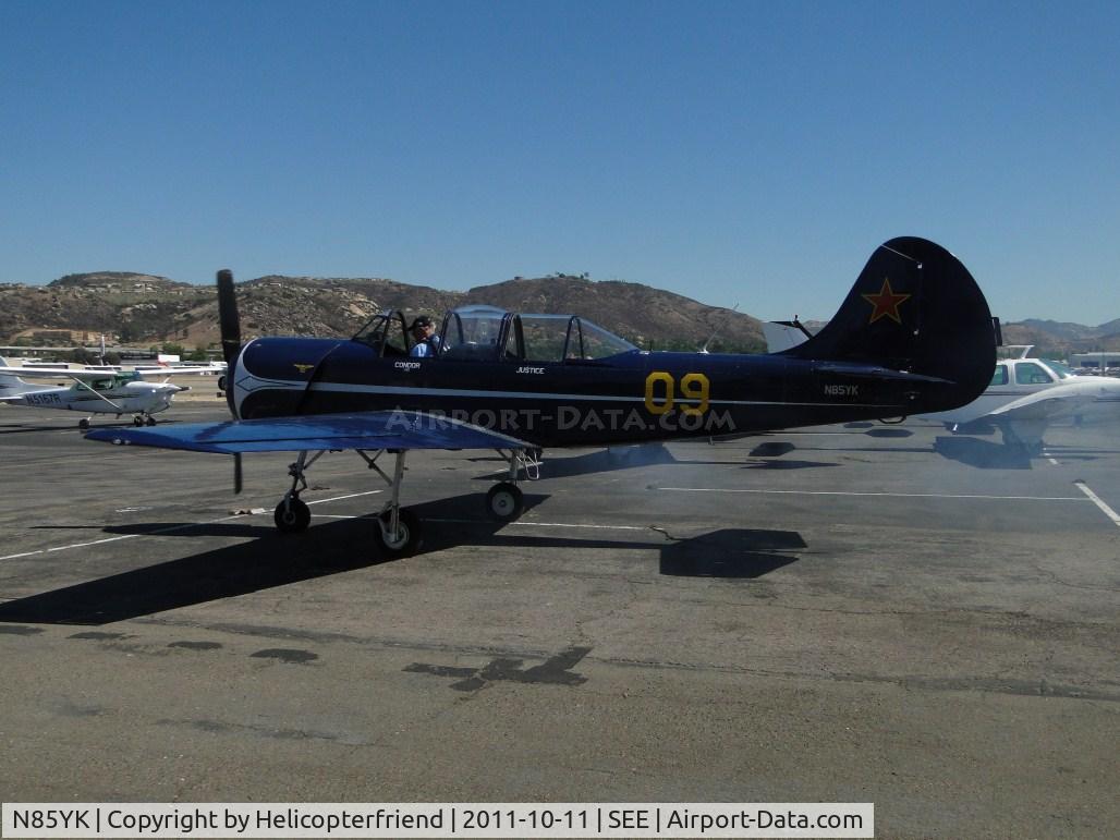 N85YK, 1985 Yakovlev Yak-52 C/N 855609, See the smoke after airstart