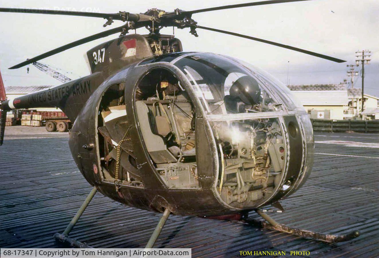 68-17347, 1968 Hughes OH-6A Cayuse C/N 1307, This Air Cav loach landed at Nha Be, RVN for fuel.  It was so hot, the doors were removed and held in the back with bunji cords.