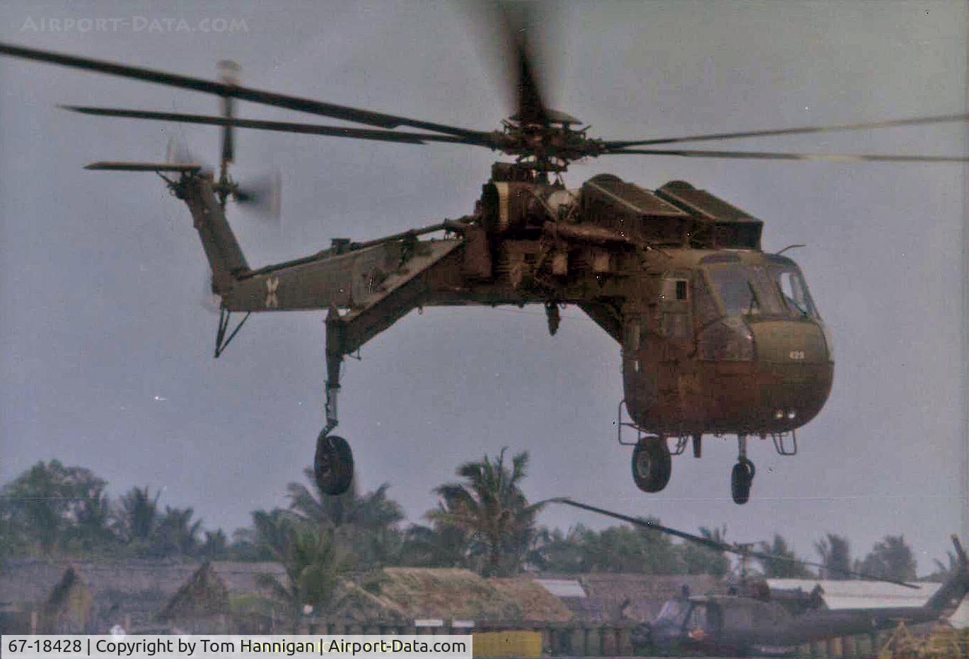 67-18428, 1967 Siskorsky CH-54A Tarhe C/N 64.030, Flying Crane making a landing at Nha Be, RVN.  Sold to Heavy Lift Helicopters as N18428 and was wrote off in Italy on July 18, 2001.